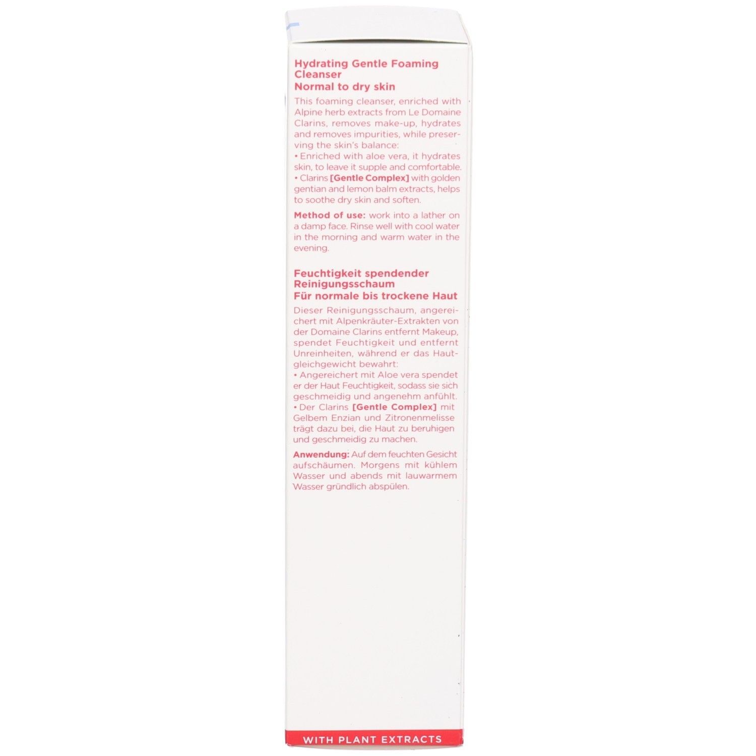 Côté de la boîte d'emballage Clarins Hydrating Gentle Foaming Cleanser avec informations produit en anglais et allemand.