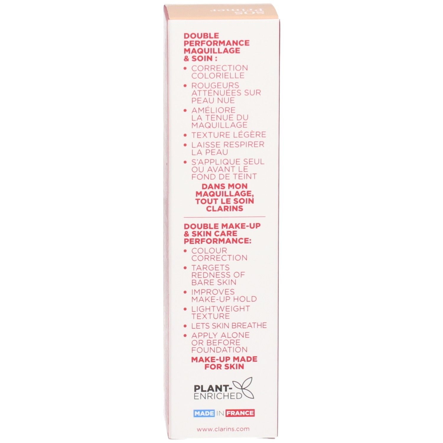 Clarins SOS Primer Green : vue latérale de l'emballage extérieur avec instructions d'application détaillées.