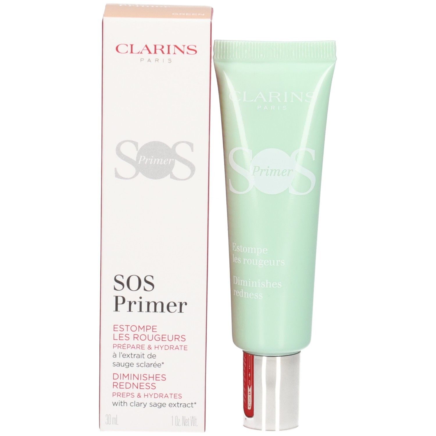 Clarins SOS Primer Green : emballage extérieur et tube de primer correcteur de rougeurs.