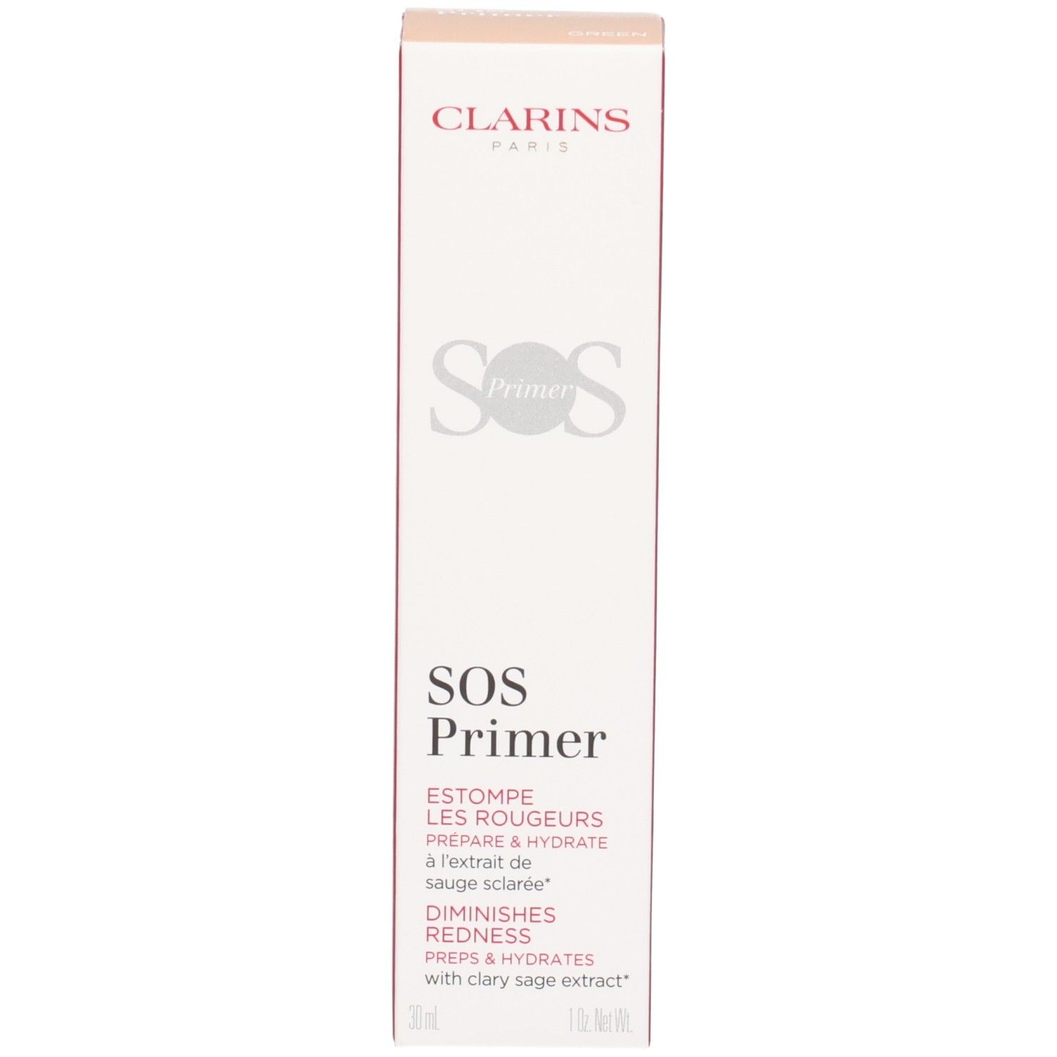 Clarins SOS Primer Green : face avant de l'emballage extérieur avec nom du produit et nom de marque.
