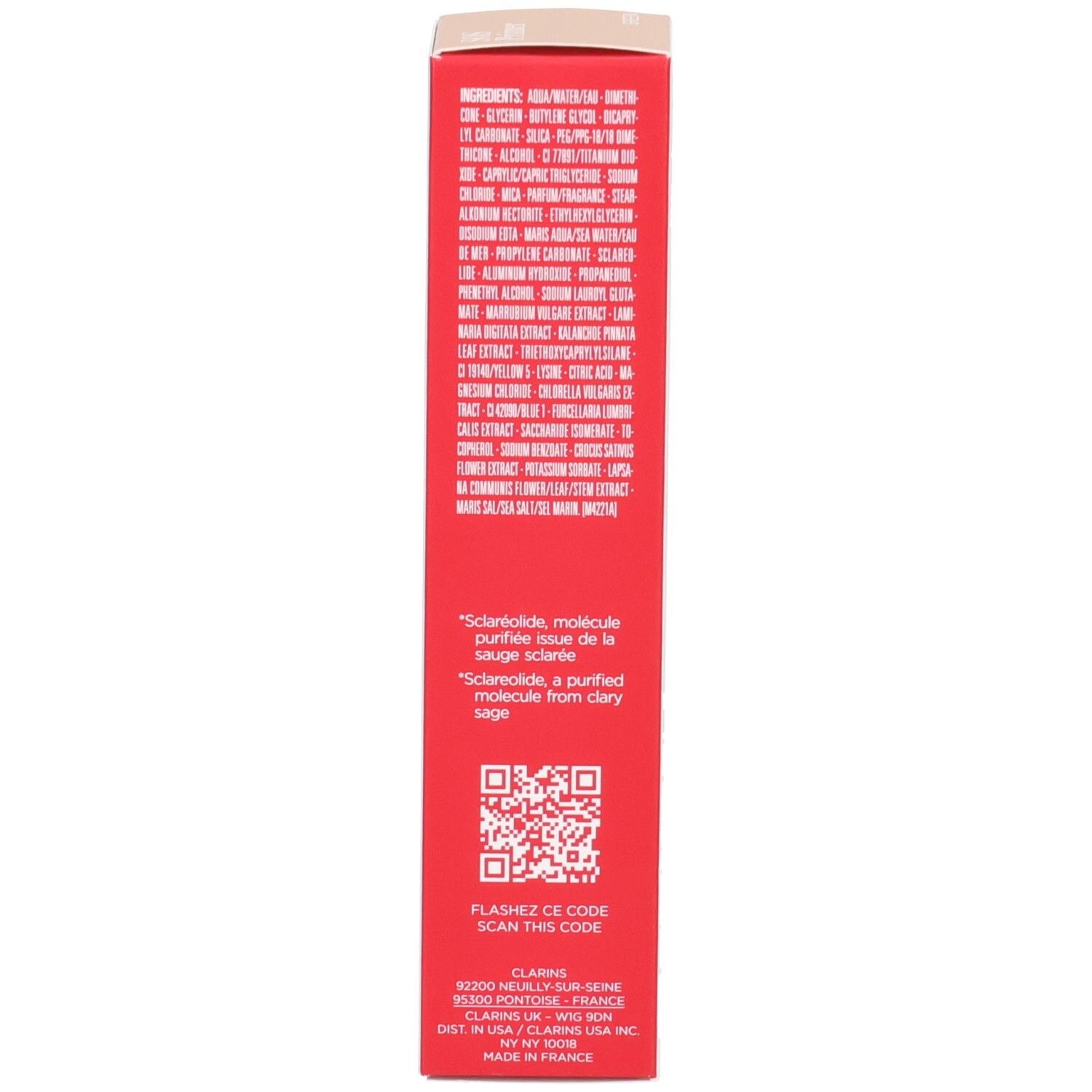 Clarins SOS Primer Green : face arrière de l'emballage extérieur avec ingrédients et code QR.