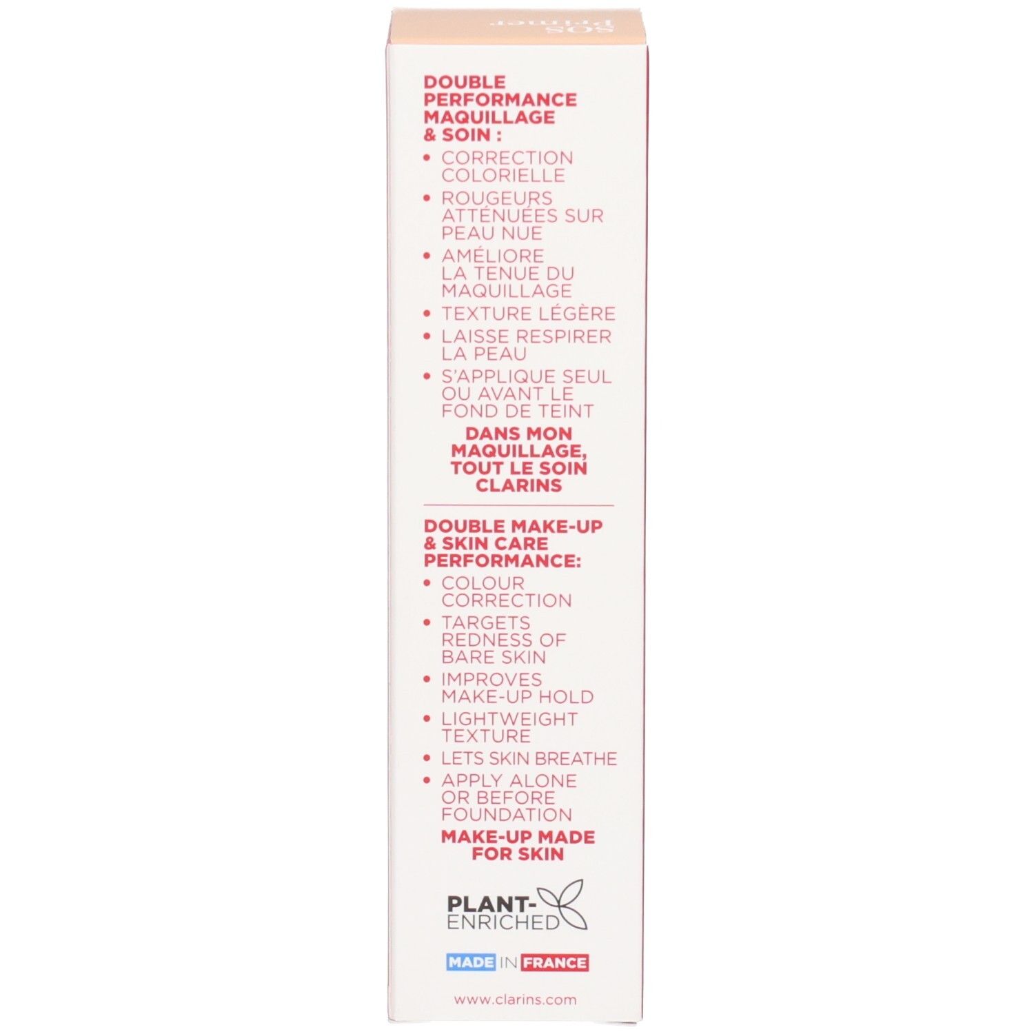 Clarins SOS Primer Green : vue latérale de l'emballage extérieur avec avantages produit et origine.