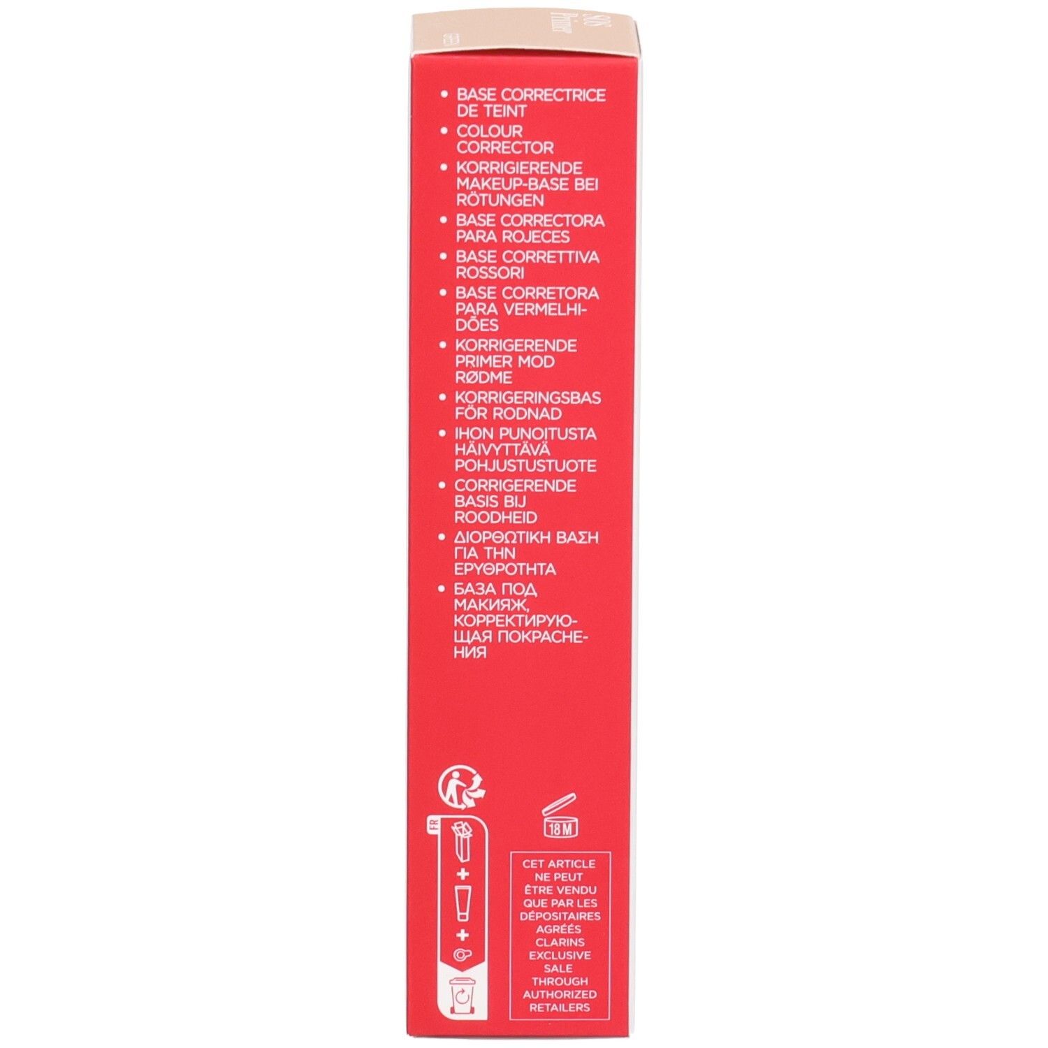 Clarins SOS Primer Green : vue latérale de l'emballage extérieur avec descriptions produit multilingues.