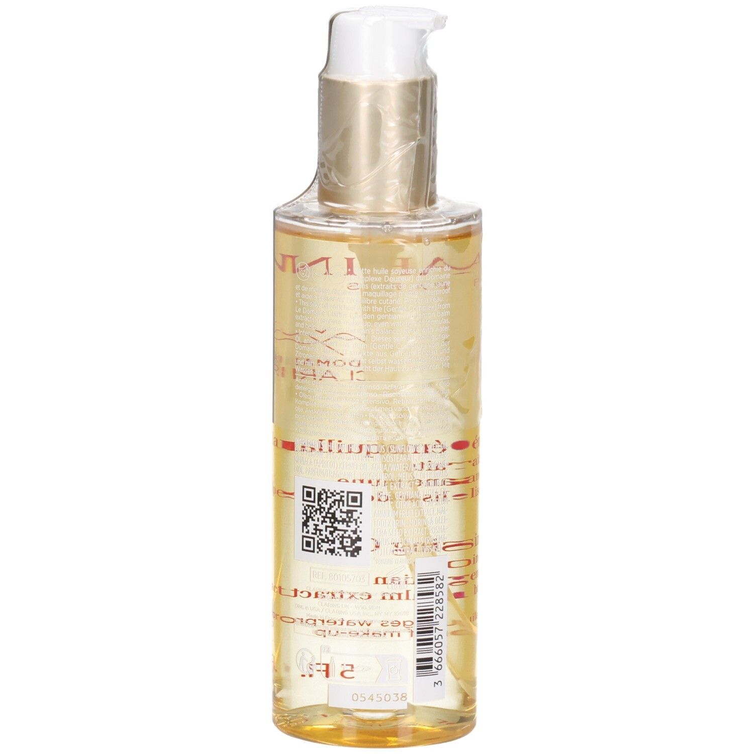 Huile démaquillante Clarins : liquide doré dans flacon pompe, vue arrière avec QR code.