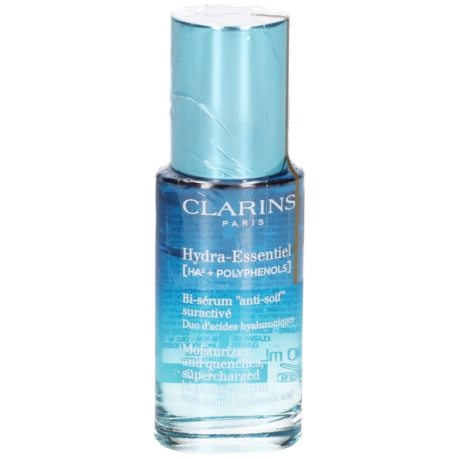 Bouteille de Bi-Sérum Clarins Hydra Essentiel avec bouchon et étiquette bleus.