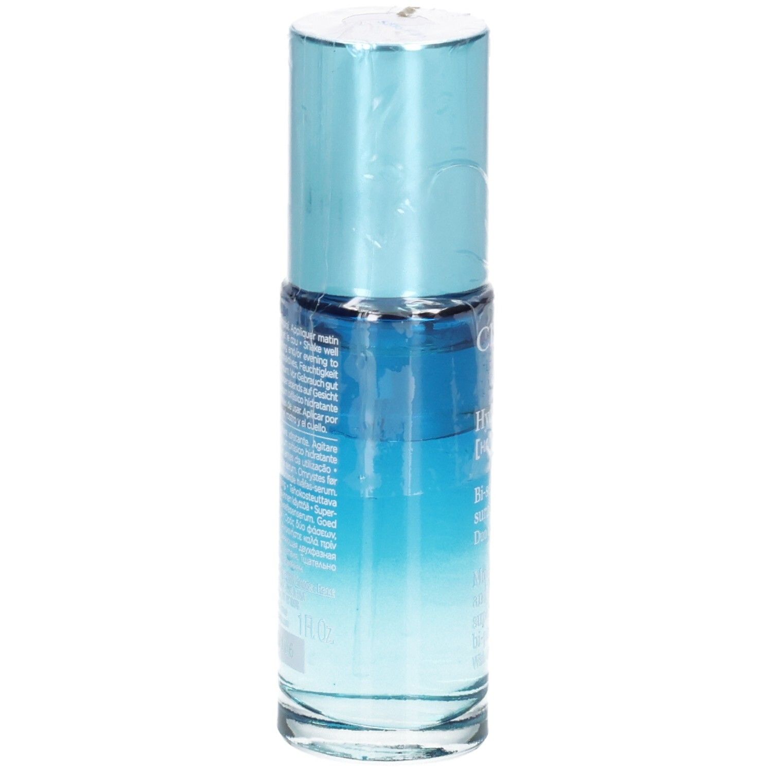 Arrière de la bouteille de Bi-Sérum Clarins Hydra Essentiel avec informations produit.