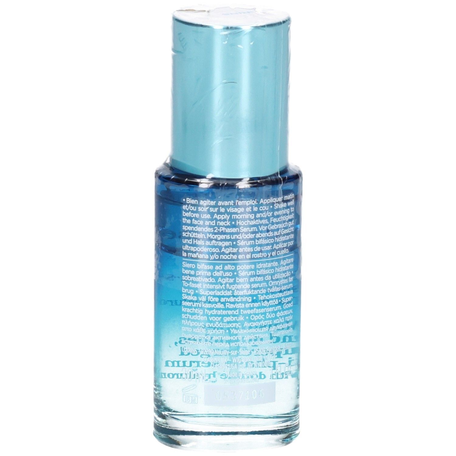 Vue latérale de la bouteille de Bi-Sérum Clarins Hydra Essentiel avec étiquetage détaillé.