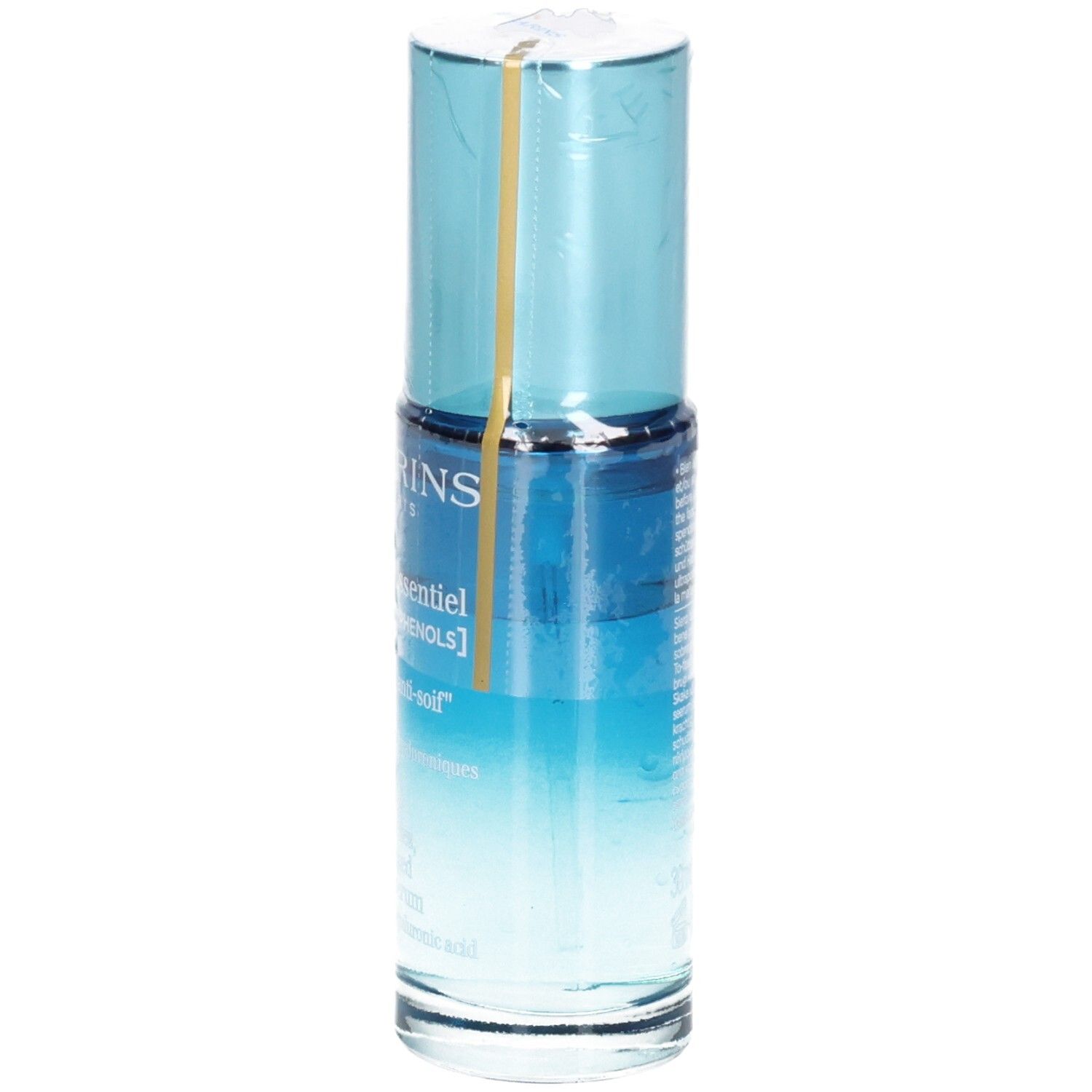 Bouteille de Bi-Sérum Clarins Hydra Essentiel, légèrement inclinée, avec bouchon bleu.