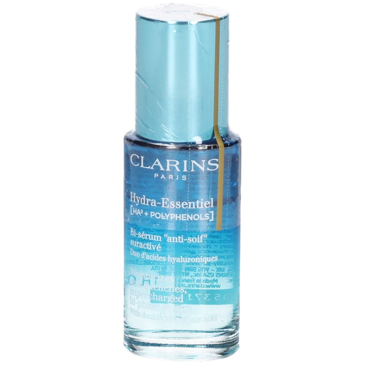 Bouteille de Bi-Sérum Clarins Hydra Essentiel avec bouchon et étiquette bleus, vue de face.