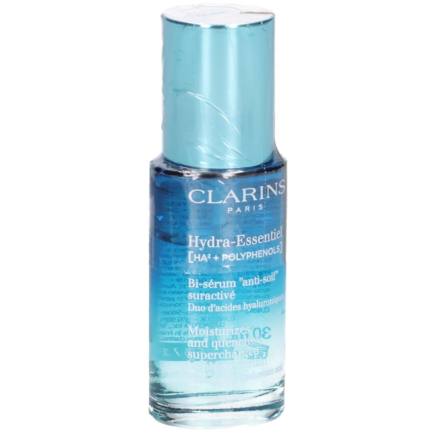 Bouteille de Bi-Sérum Clarins Hydra Essentiel, vue de face, avec dégradé bleu.