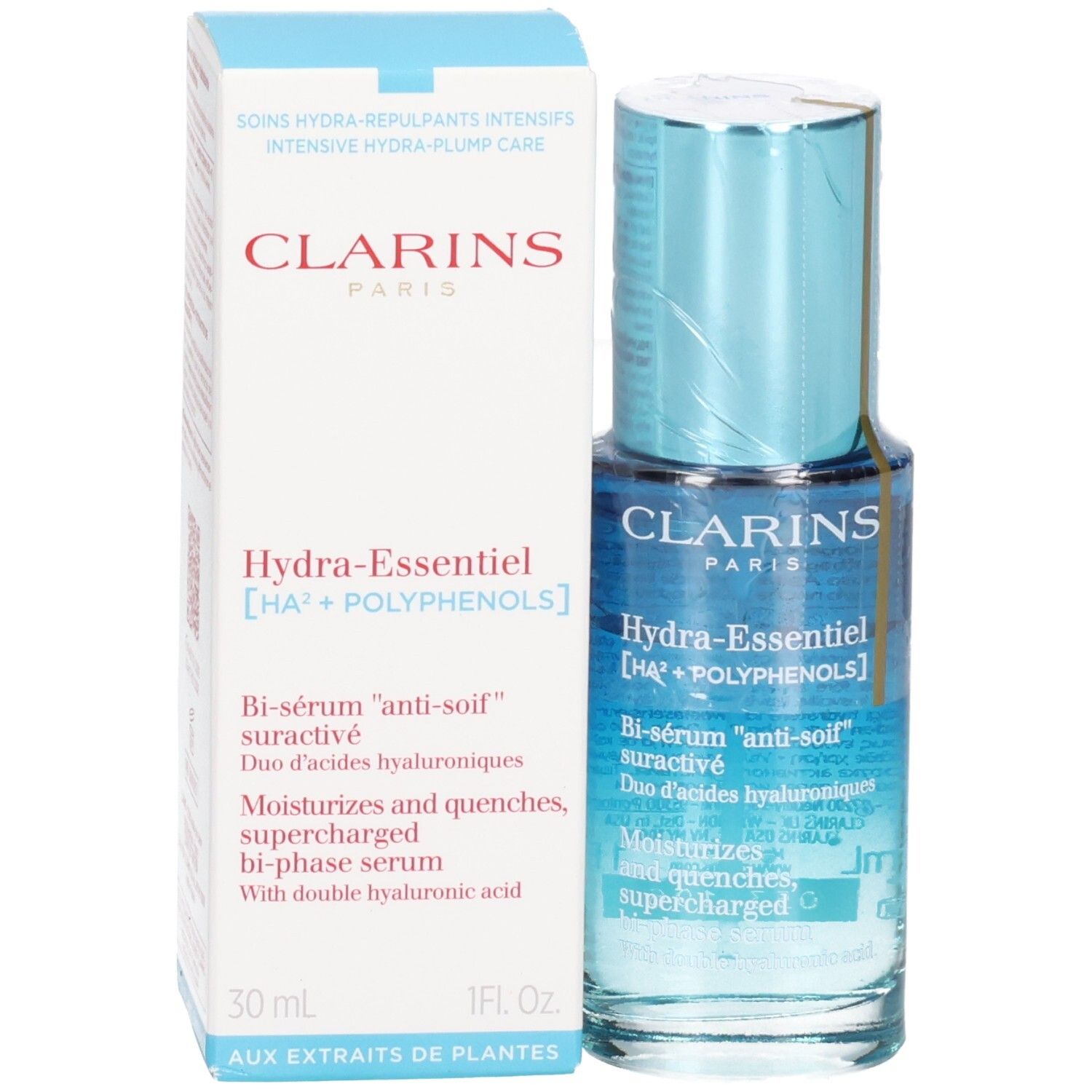 Bouteille et emballage de Bi-Sérum Clarins Hydra Essentiel, vue de face.