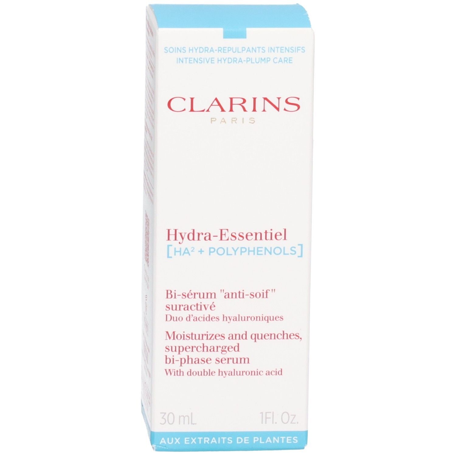 Bouteille et boîte de Bi-Sérum Clarins Hydra Essentiel, 30ml.