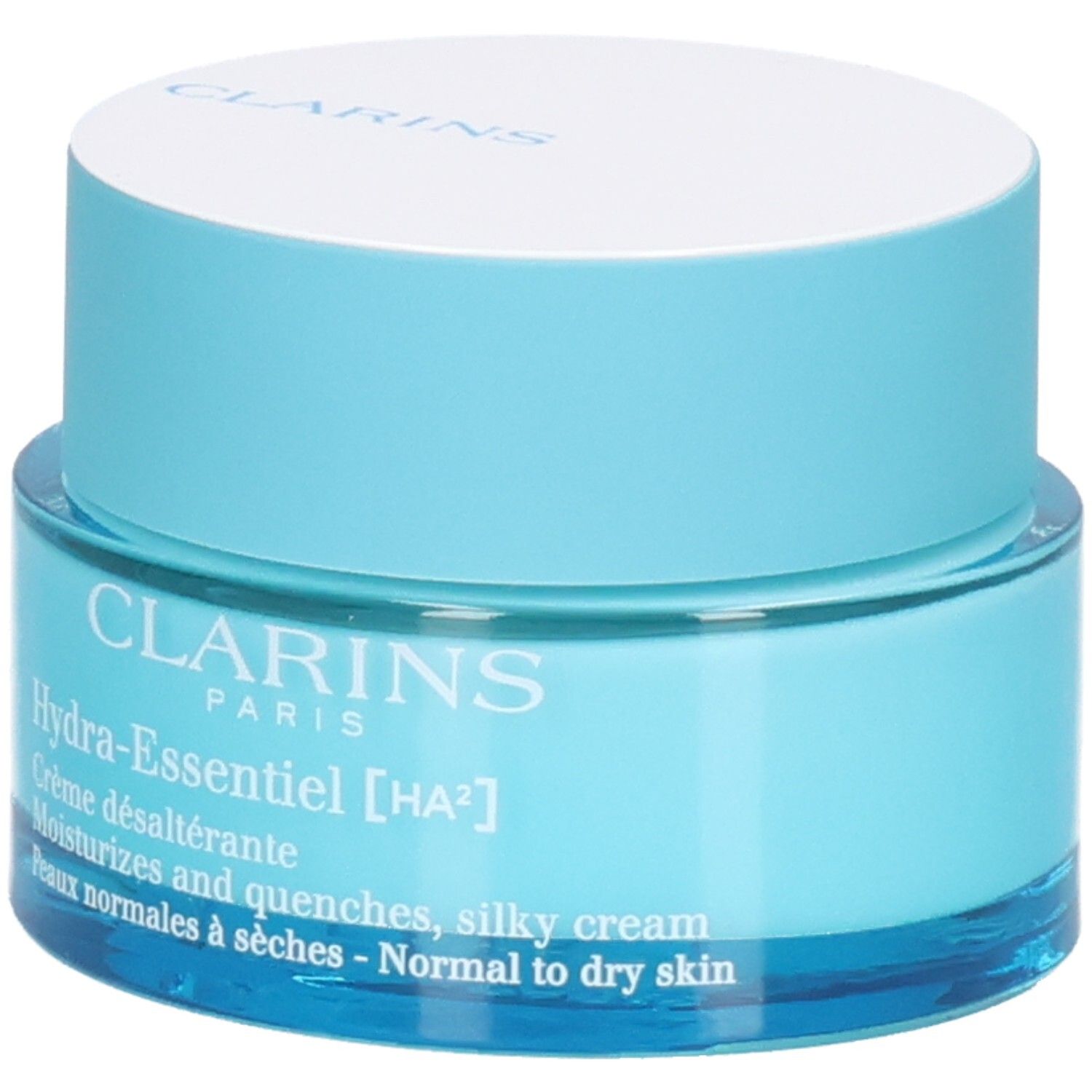 Crème de jour Clarins Hydra-Essentiel [HA²] en pot bleu, vue de face.