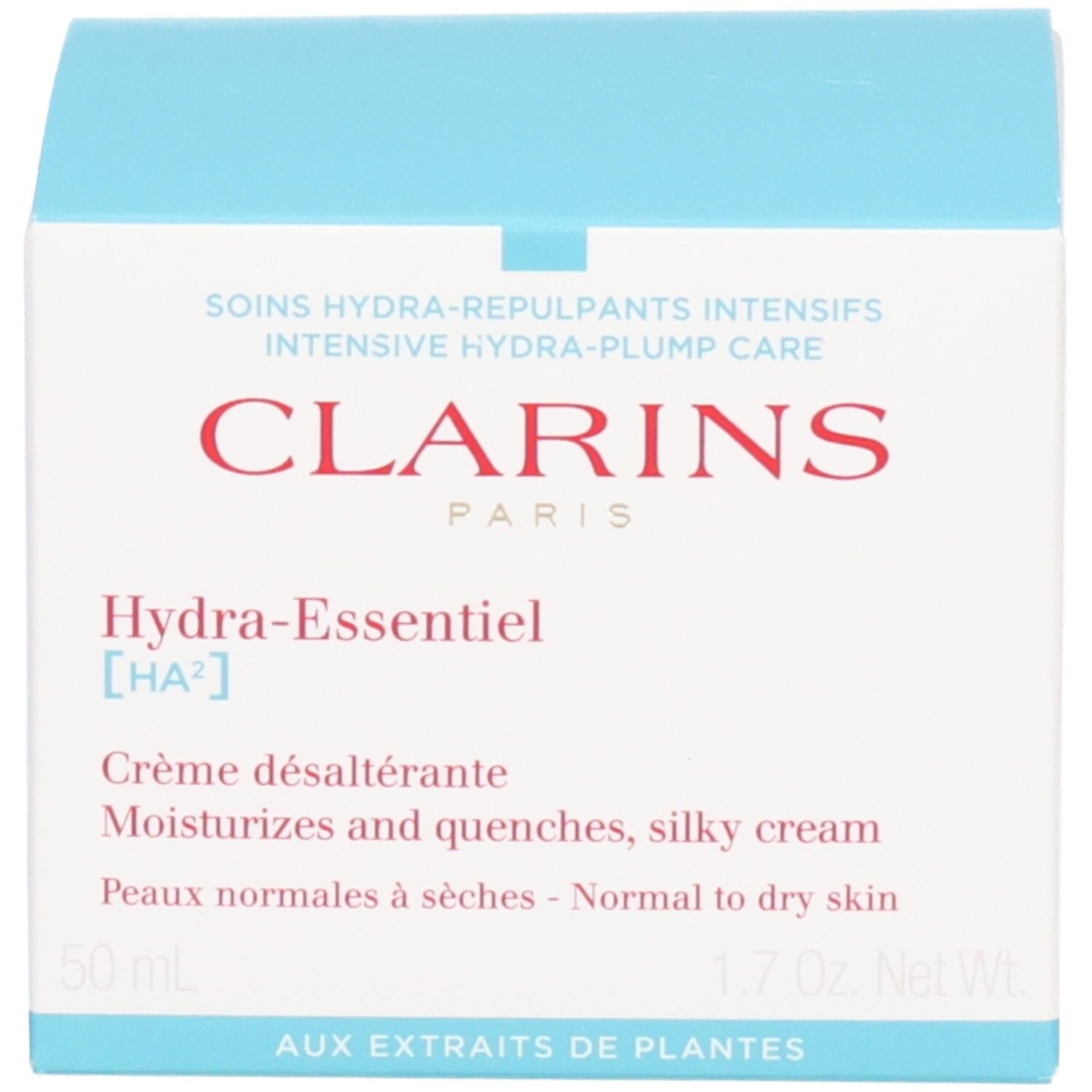 Crème de jour Clarins Hydra-Essentiel [HA²] sur boîte blanche.