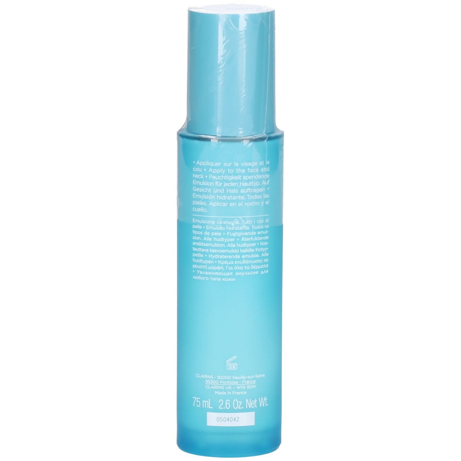 Clarins Hydra-Essentiel HA² Émulsion désaltérante, 75ml. Arrière avec informations produit et code-barres.