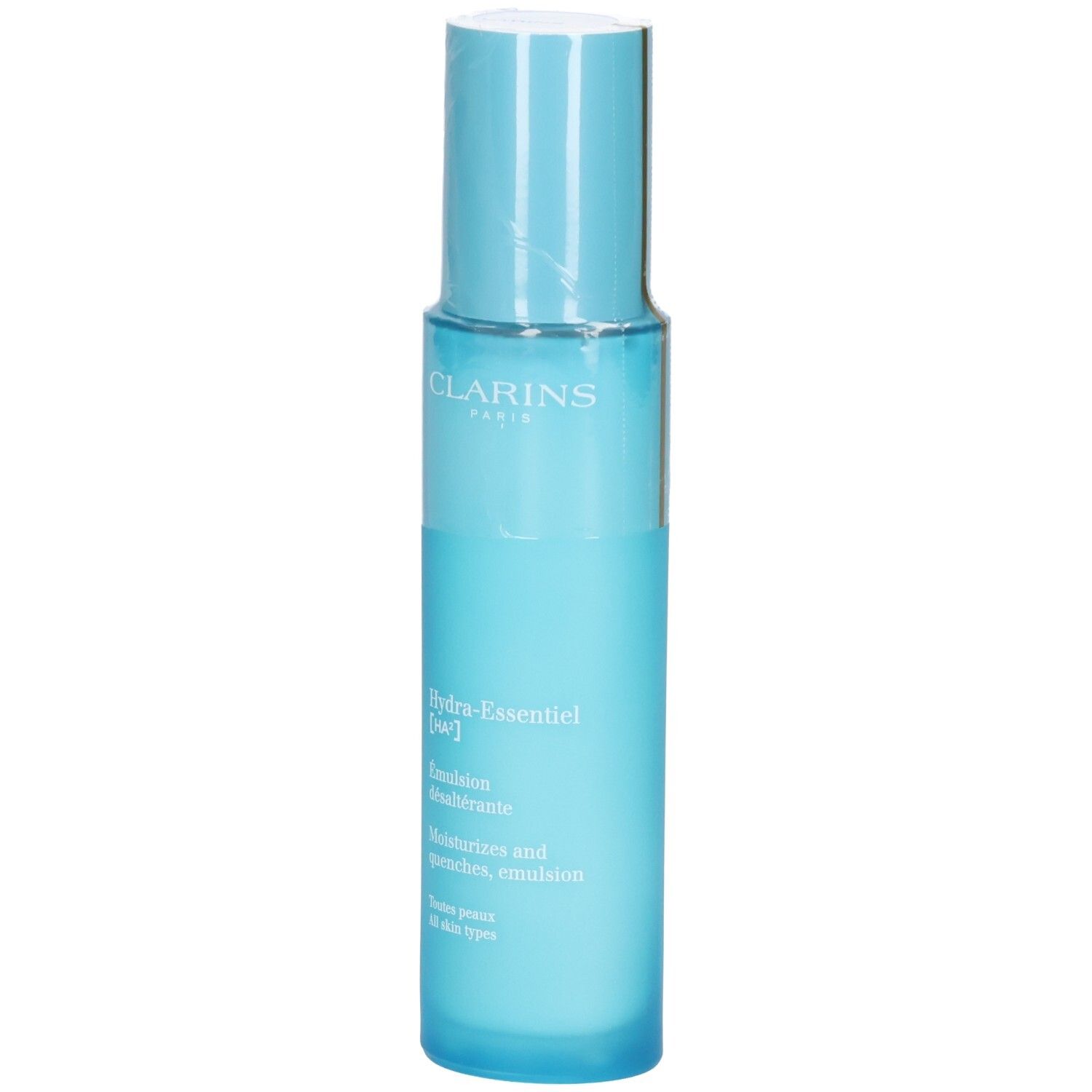 Clarins Hydra-Essentiel HA² Émulsion désaltérante, 75ml. Flacon bleu avec pompe.