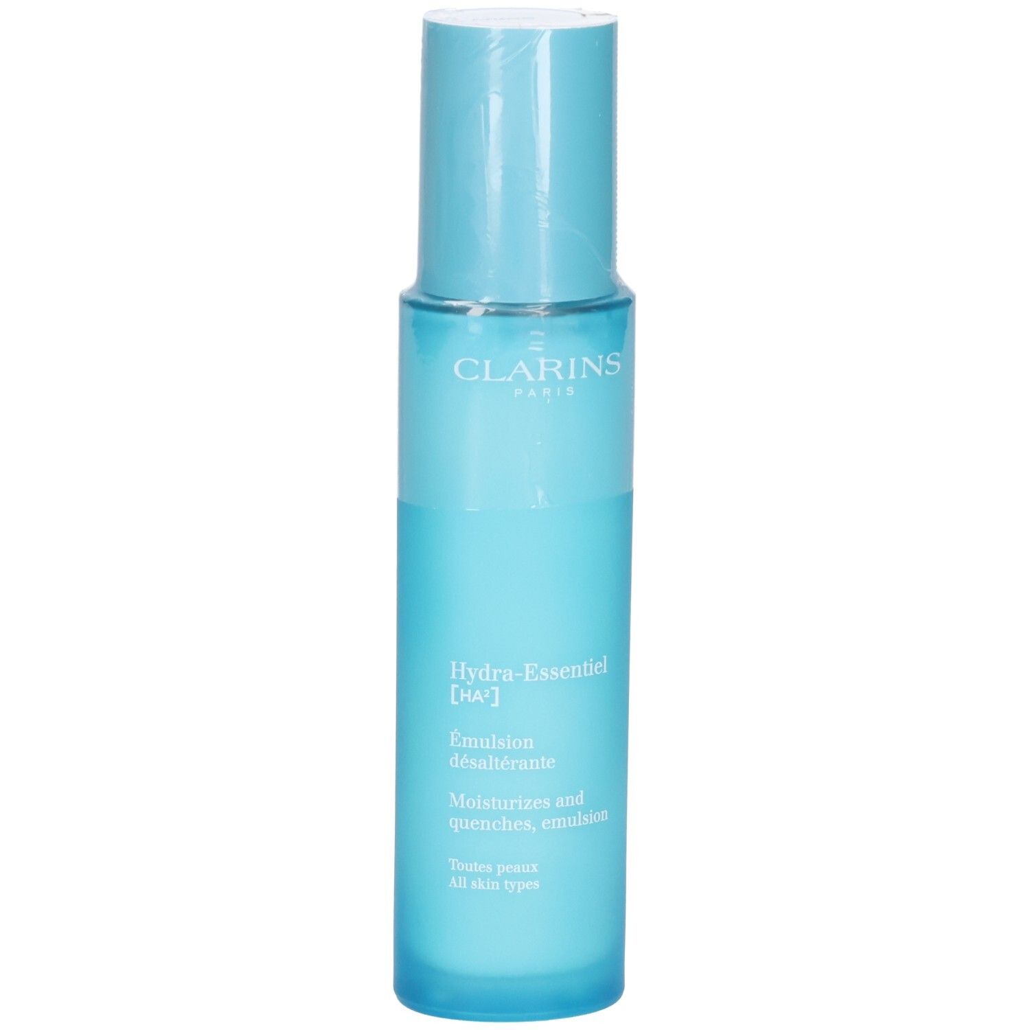 Clarins Hydra-Essentiel HA² Émulsion désaltérante, 75ml. Flacon bleu avec pompe.