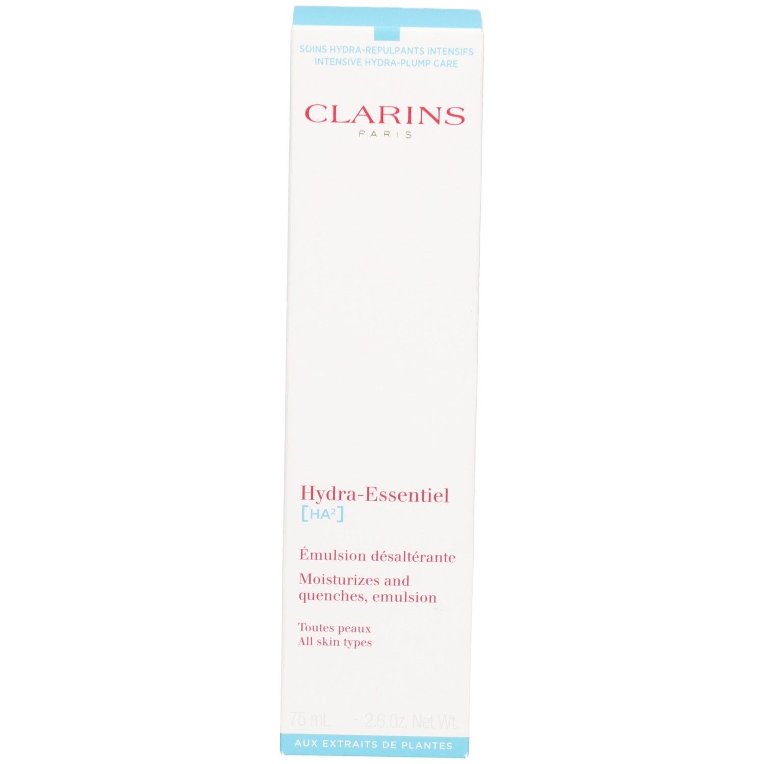 Clarins Hydra-Essentiel HA² Émulsion désaltérante emballage. Boîte avec informations produit.