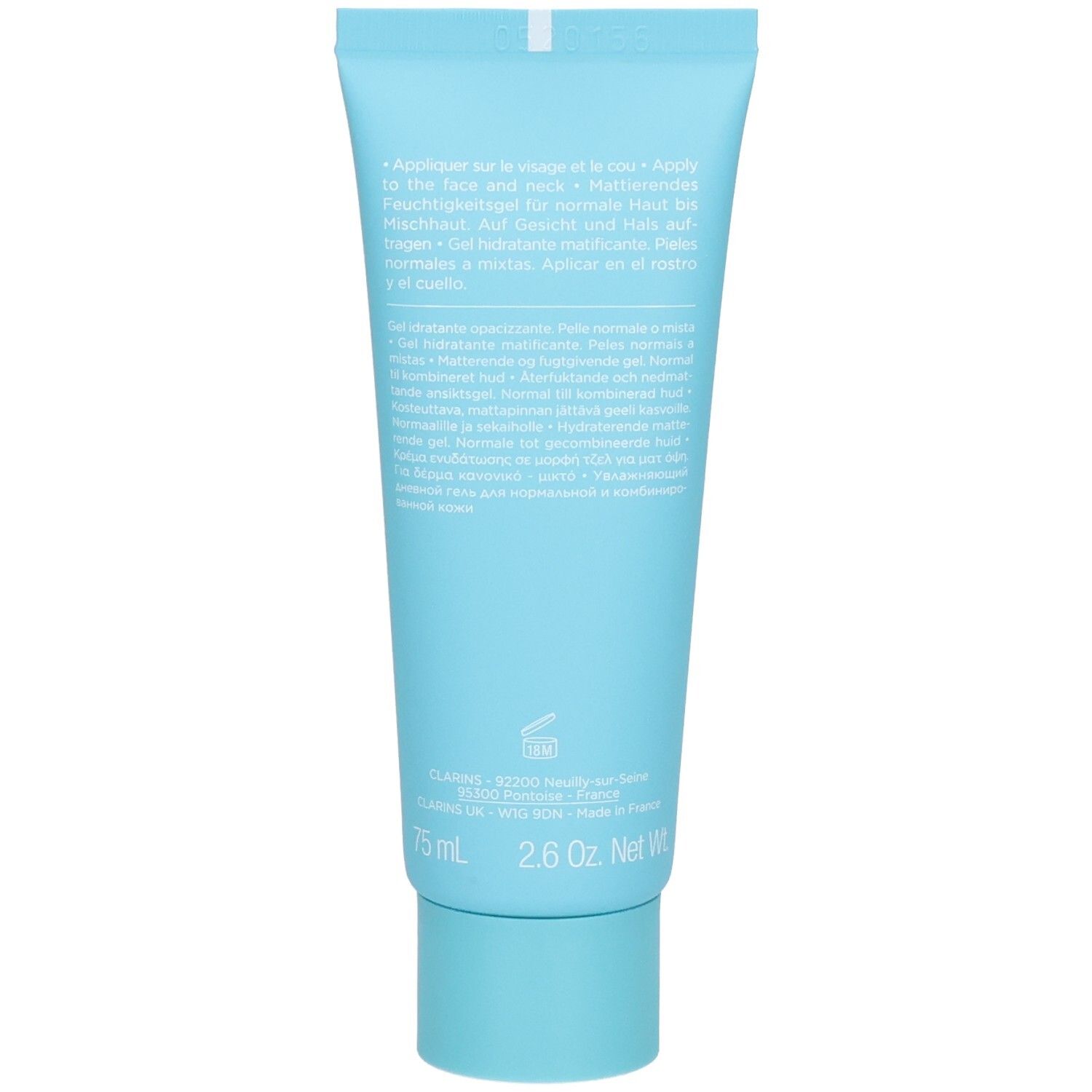 Arrière du tube Clarins Hydra-Essentiel [HA²] Gel Matifiant avec instructions.