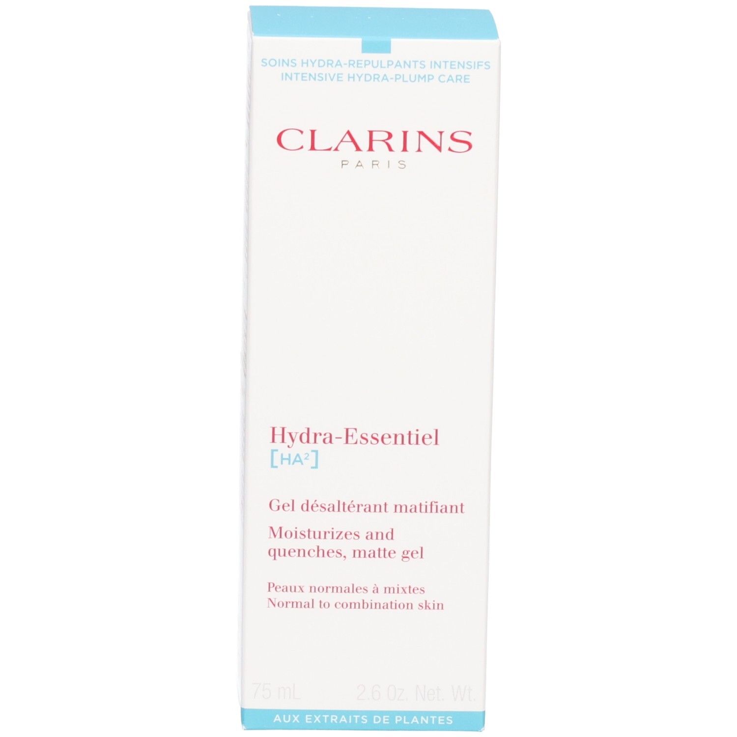 Face avant de la boîte Clarins Hydra-Essentiel [HA²] Gel Matifiant.