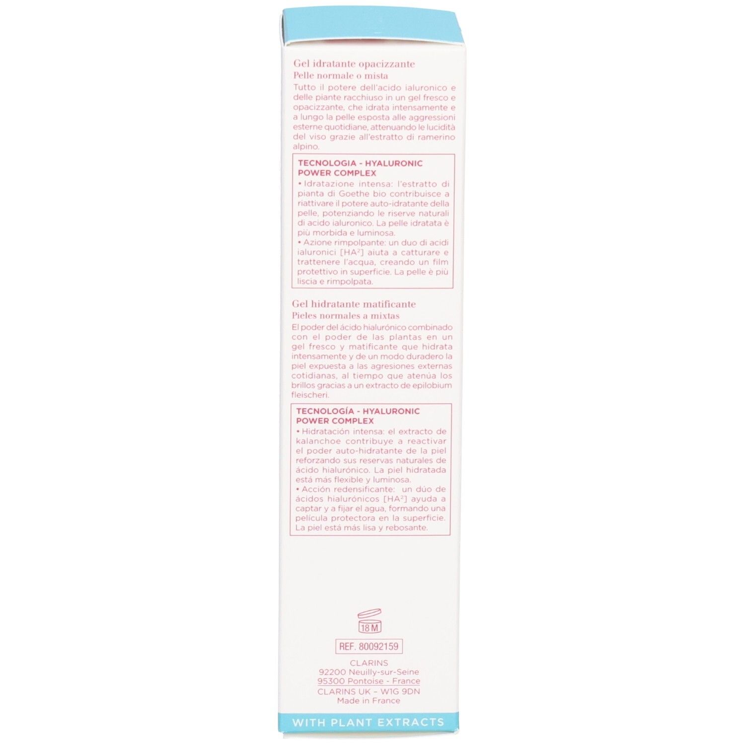 Vue latérale de la boîte Clarins Hydra-Essentiel [HA²] Gel Matifiant avec texte.