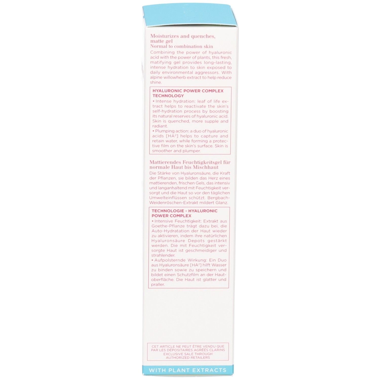 Vue latérale de la boîte Clarins Hydra-Essentiel [HA²] Gel Matifiant avec code QR.