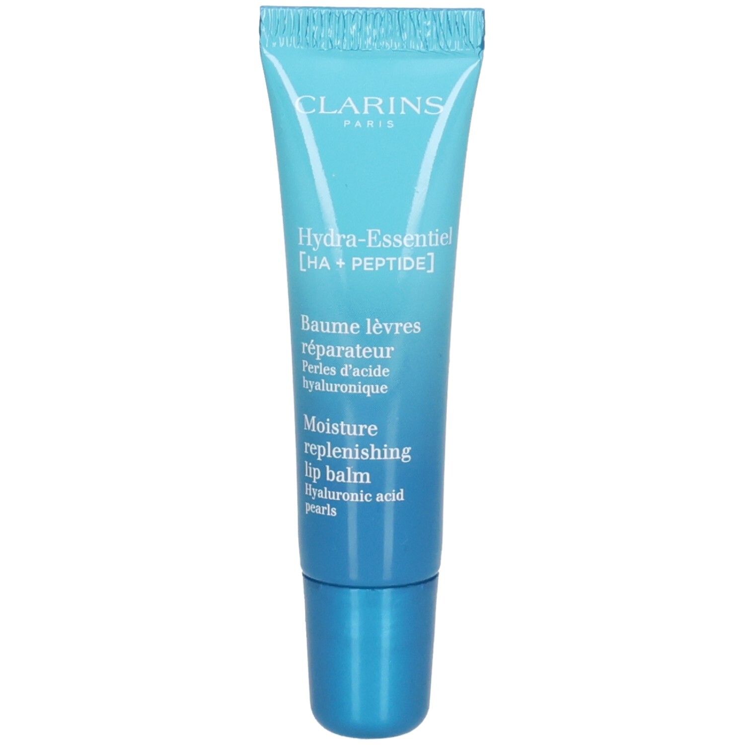 Tube de baume à lèvres Clarins Hydra-Essentiel avec bouchon bleu.