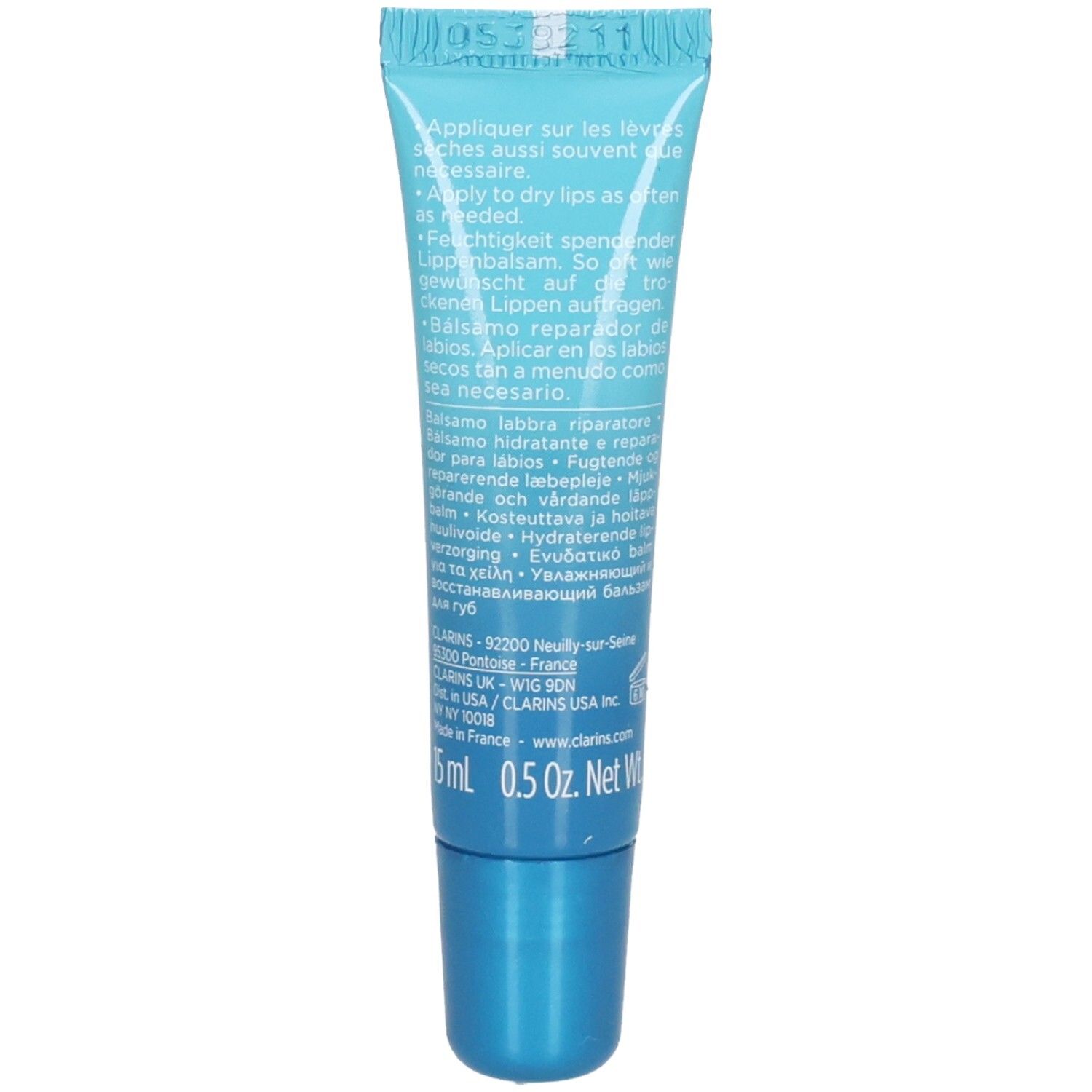 Arrière du tube de baume à lèvres Clarins Hydra-Essentiel avec instructions.