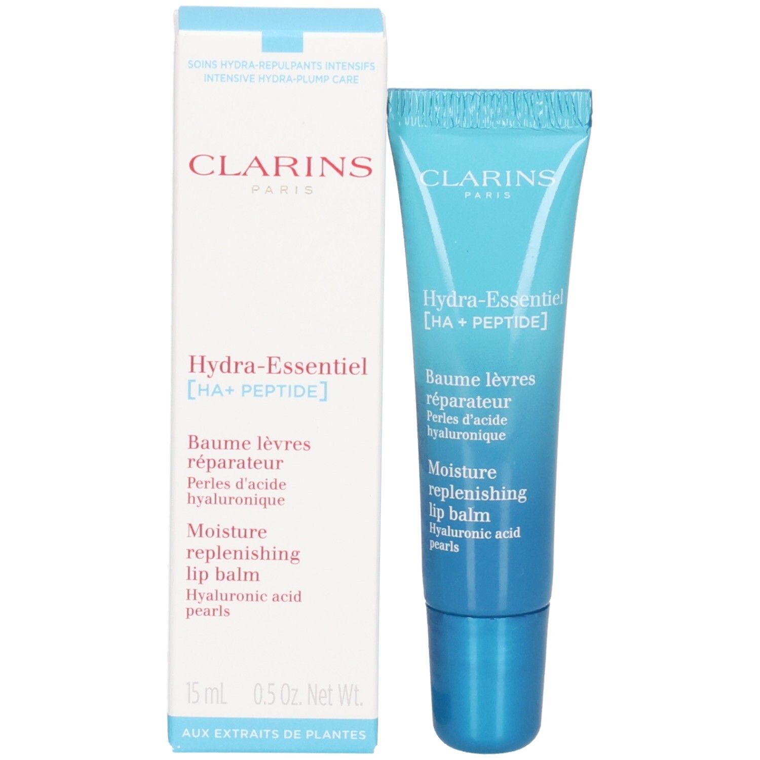 Tube et boîte de baume à lèvres Clarins Hydra-Essentiel.