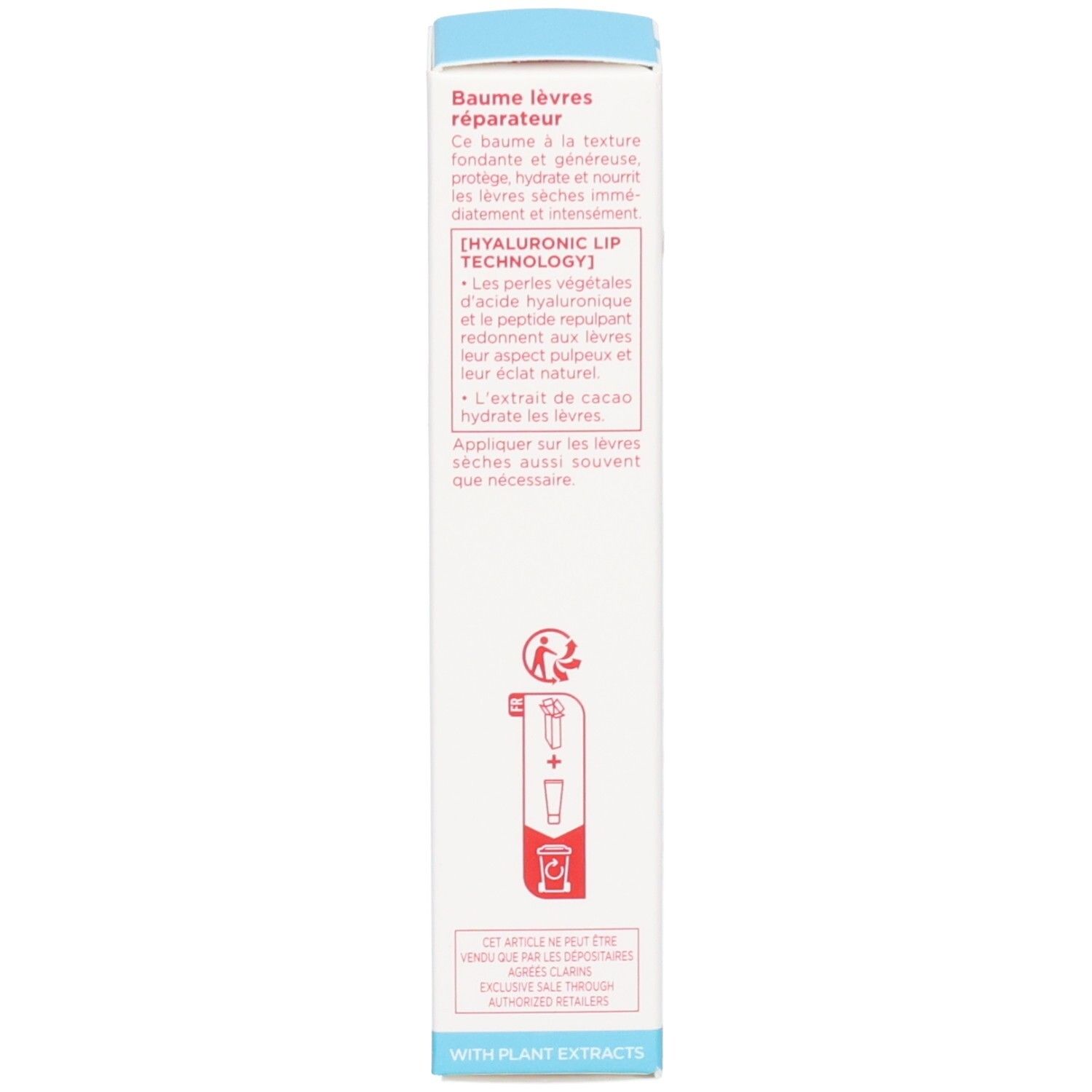 Côté de la boîte de baume à lèvres Clarins Hydra-Essentiel avec informations.