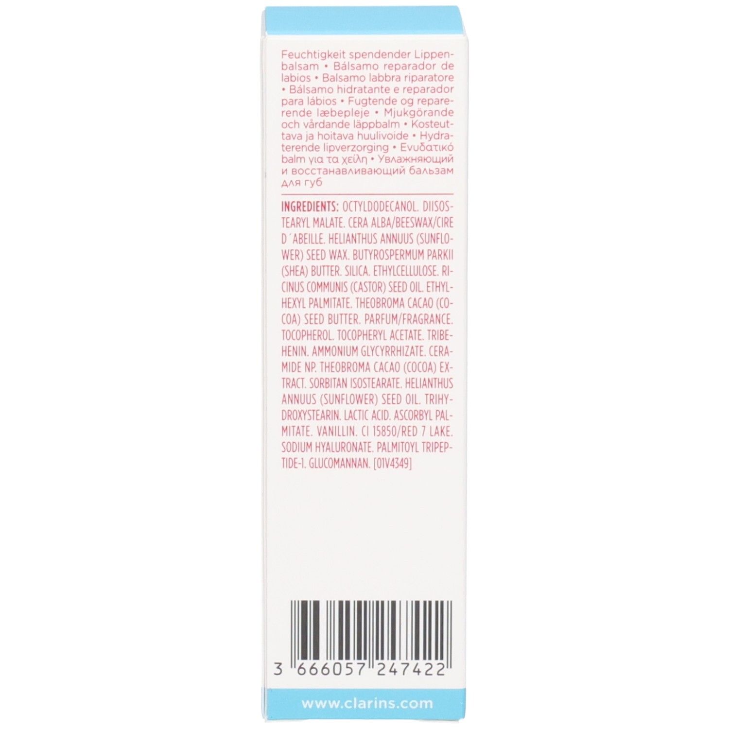 Côté de la boîte de baume à lèvres Clarins Hydra-Essentiel avec ingrédients.