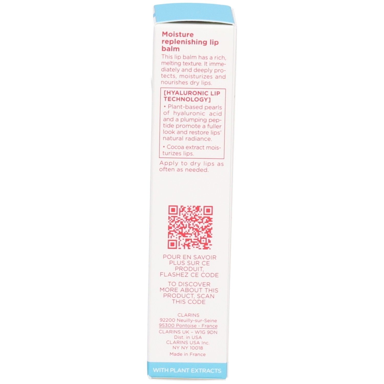 Côté de la boîte de baume à lèvres Clarins Hydra-Essentiel avec instructions.