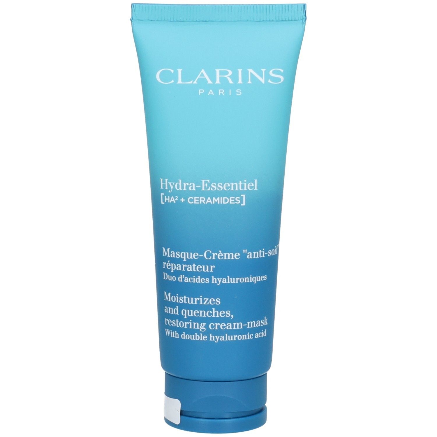 Tube Clarins Hydra-Essentiel Masque-Crème anti-soif réparateur. Formule à l'acide hyaluronique. Tube bleu clair avec inscriptions blanches et bleues.