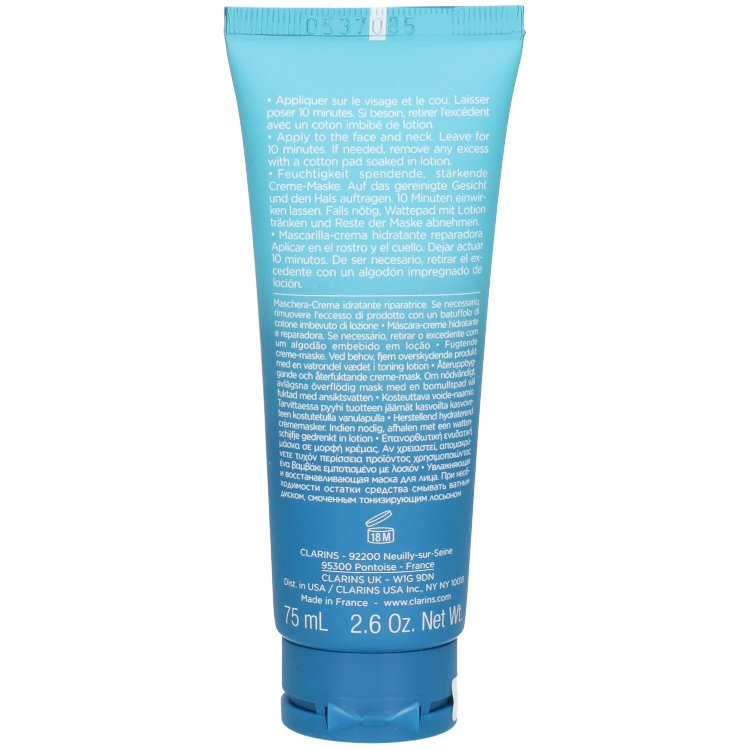 Arrière du tube Clarins Hydra-Essentiel Masque-Crème anti-soif réparateur. Contient instructions et informations produit. 75 ml.