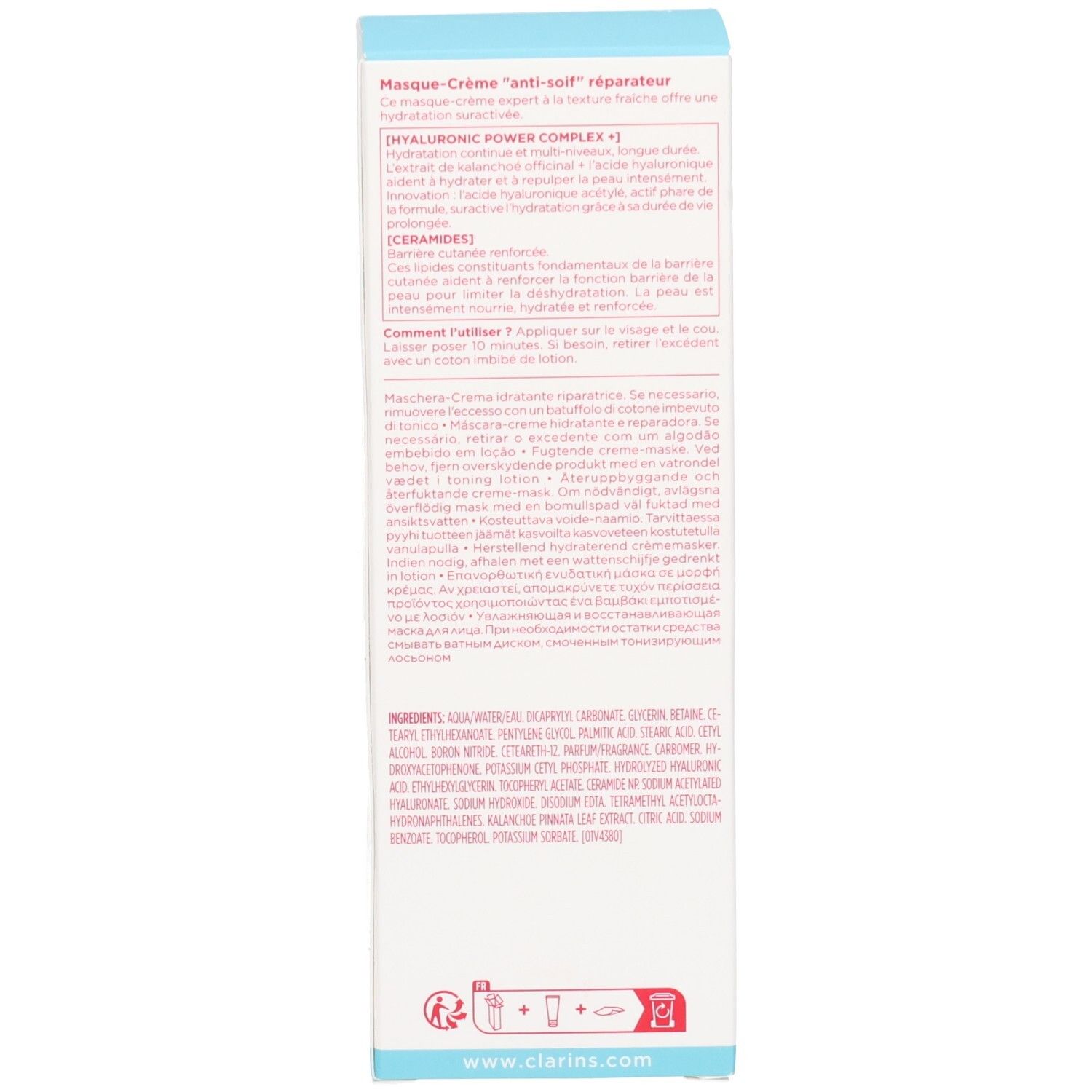 Côté de la boîte Clarins Hydra-Essentiel Masque-Crème anti-soif réparateur. Contient ingrédients et instructions. Aux extraits de plantes.