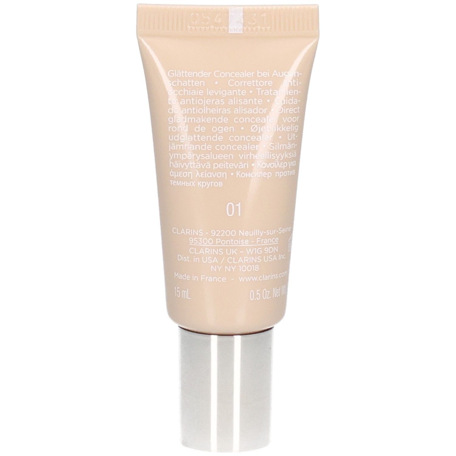 Clarins Instant Concealer 01, verso du tube de 15ml avec informations produit.