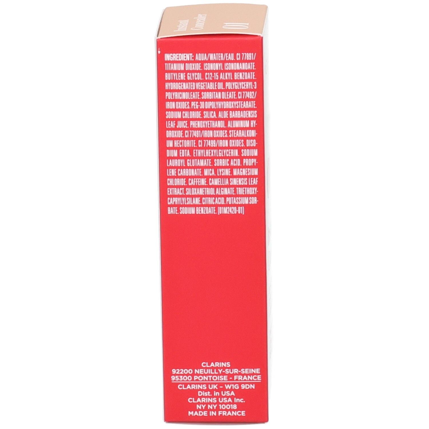 Clarins Instant Concealer 01, côté de l'emballage avec ingrédients.