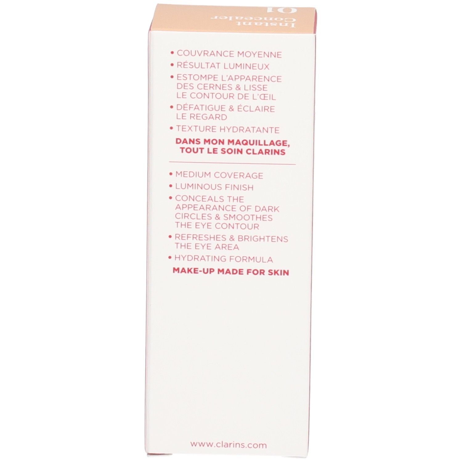 Clarins Instant Concealer 01, côté de l'emballage avec bénéfices produit.
