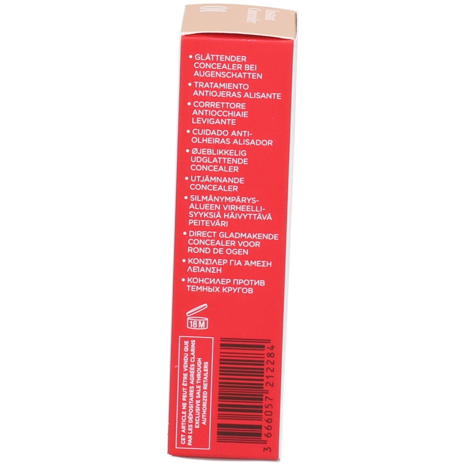 Clarins Instant Concealer 01, côté de l'emballage avec zones d'application.
