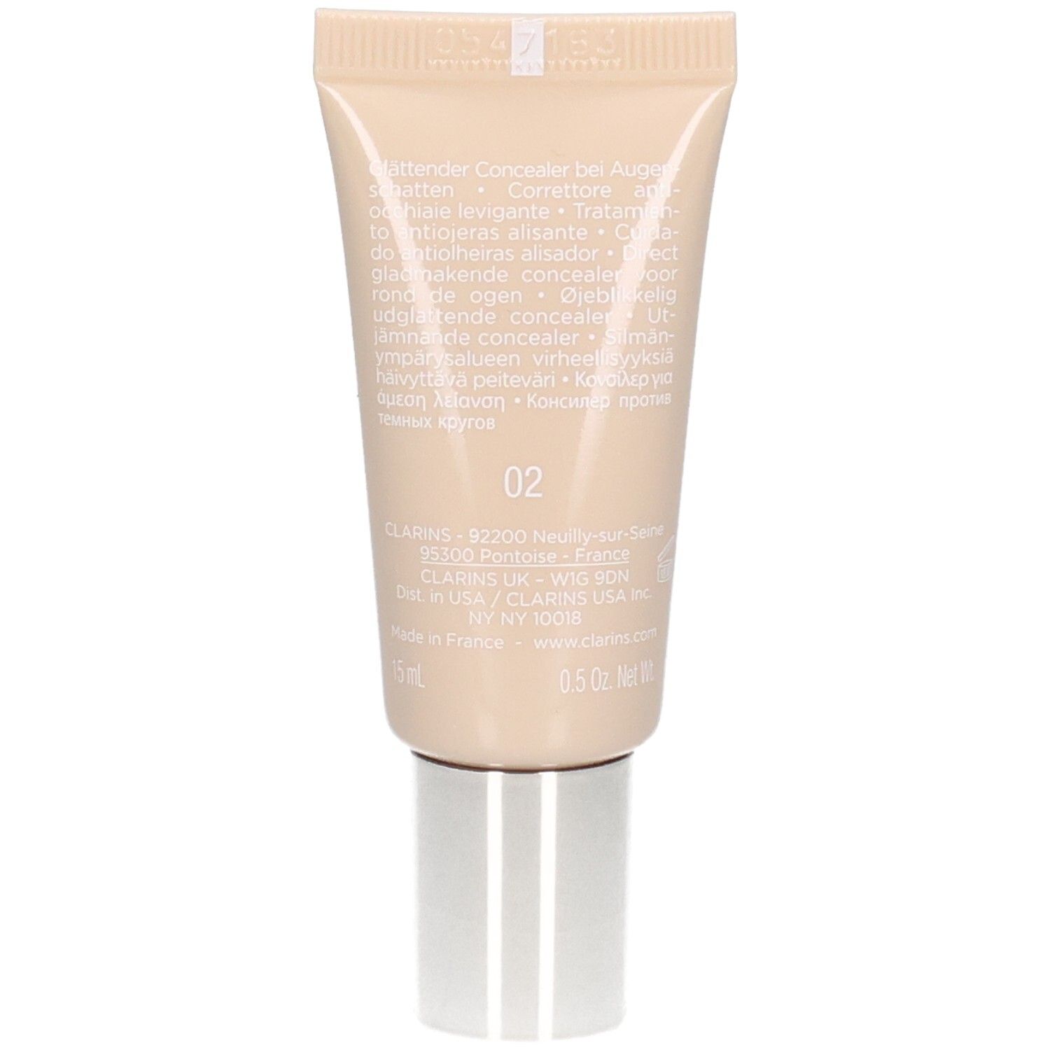 Arrière du tube Clarins Instant Concealer, N°02, avec informations produit et code couleur.