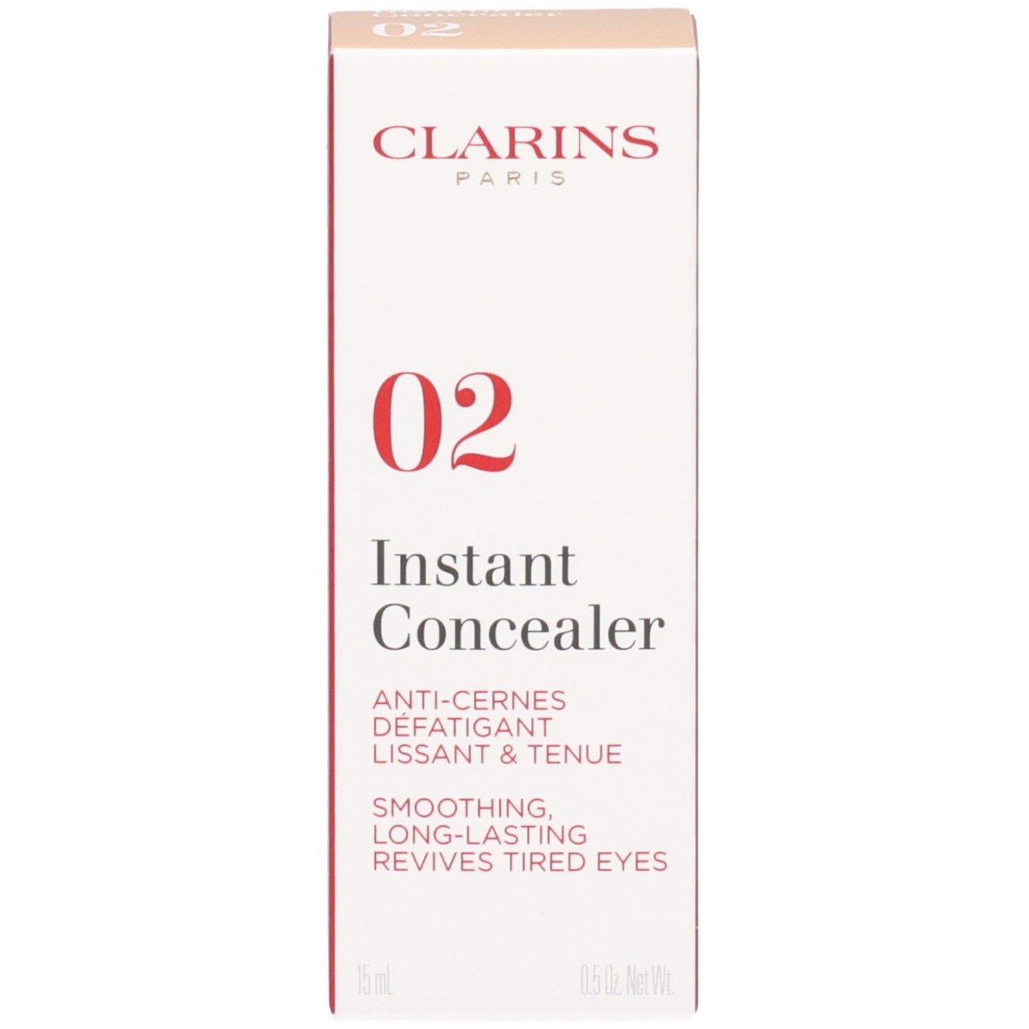 Boîte du Clarins Instant Concealer, N°02, en rouge et blanc avec nom du produit et numéro de couleur.