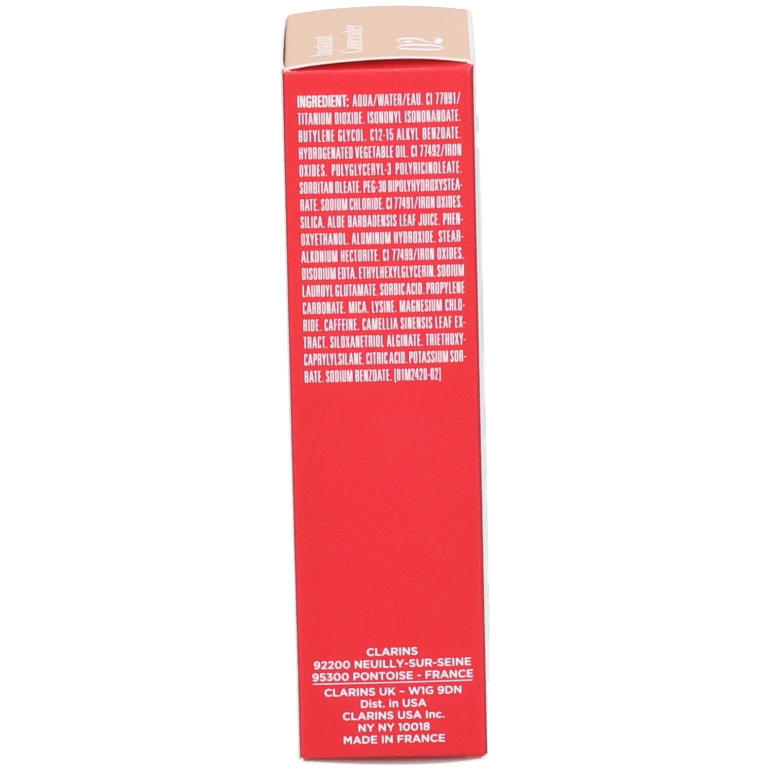 Côté de l'emballage Clarins Instant Concealer avec ingrédients et informations fabricant.