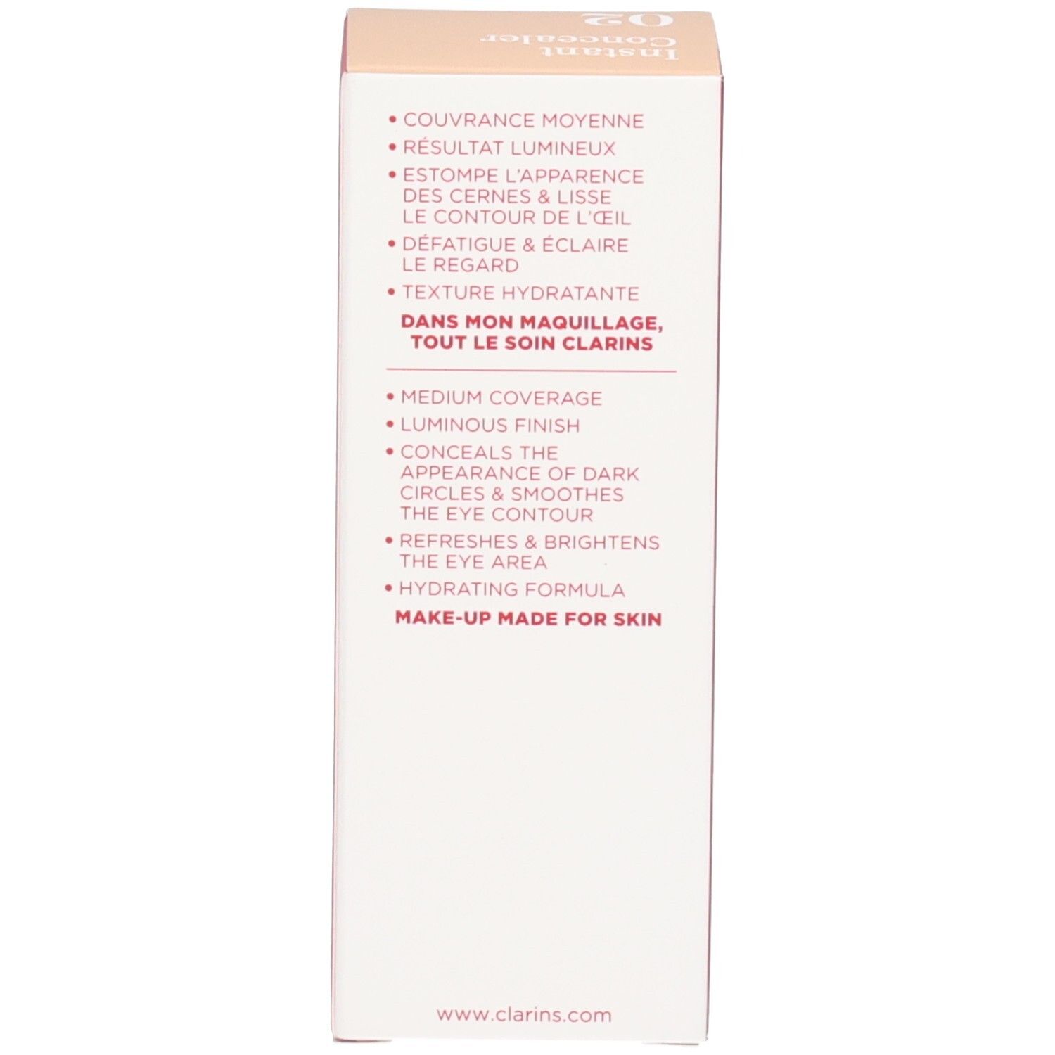 Arrière de l'emballage Clarins Instant Concealer avec avantages produit et site web.