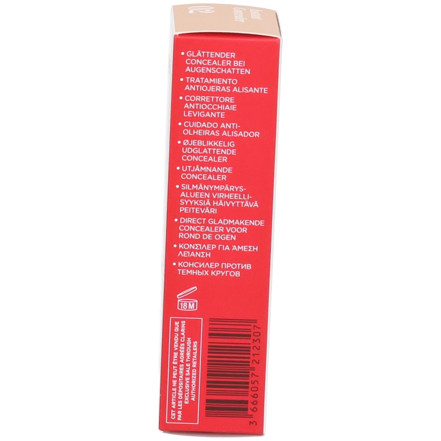 Côté de l'emballage Clarins Instant Concealer avec zones d'application et code-barres.