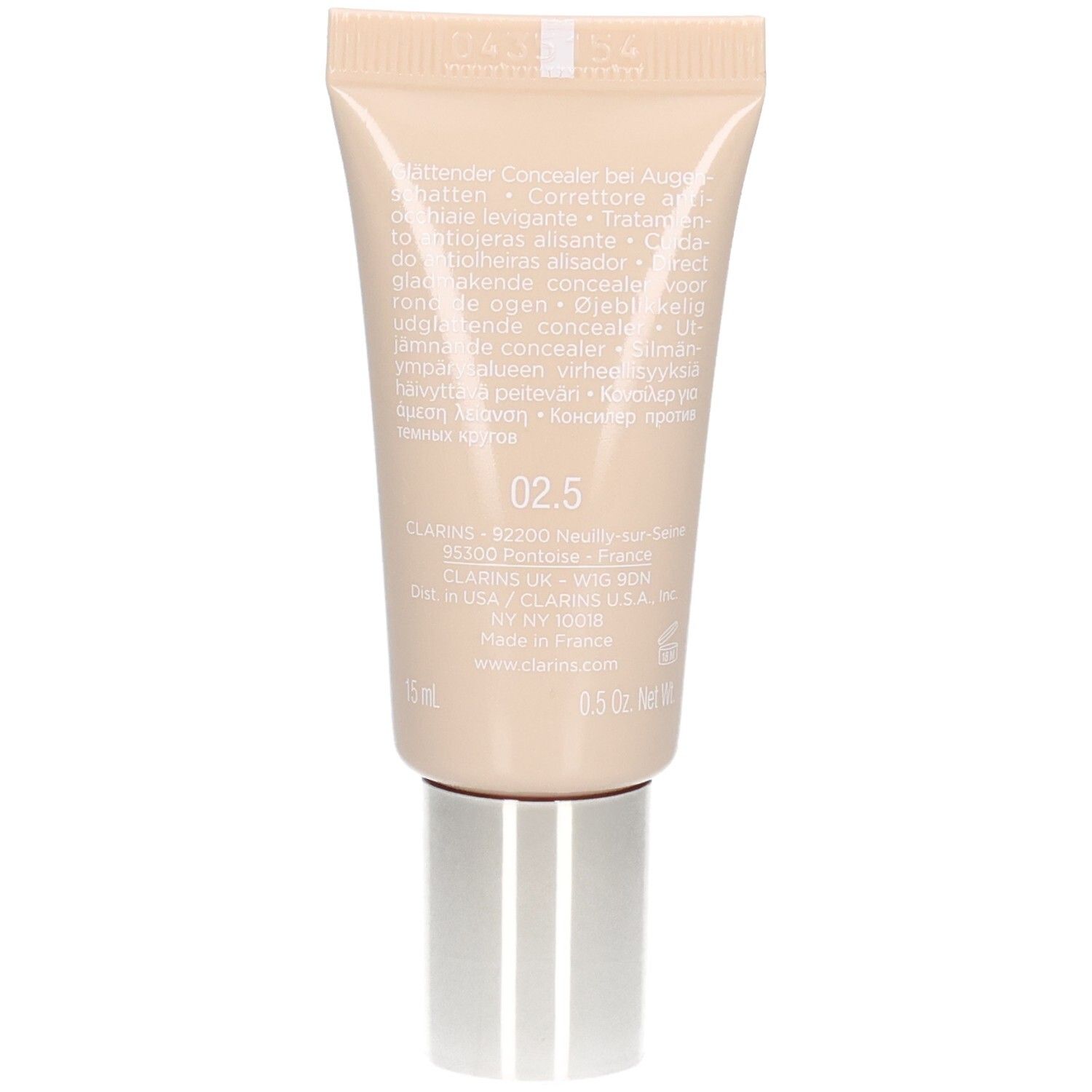 Arrière du tube Clarins Instant Concealer 02.5 avec informations produit et code couleur 02.5.