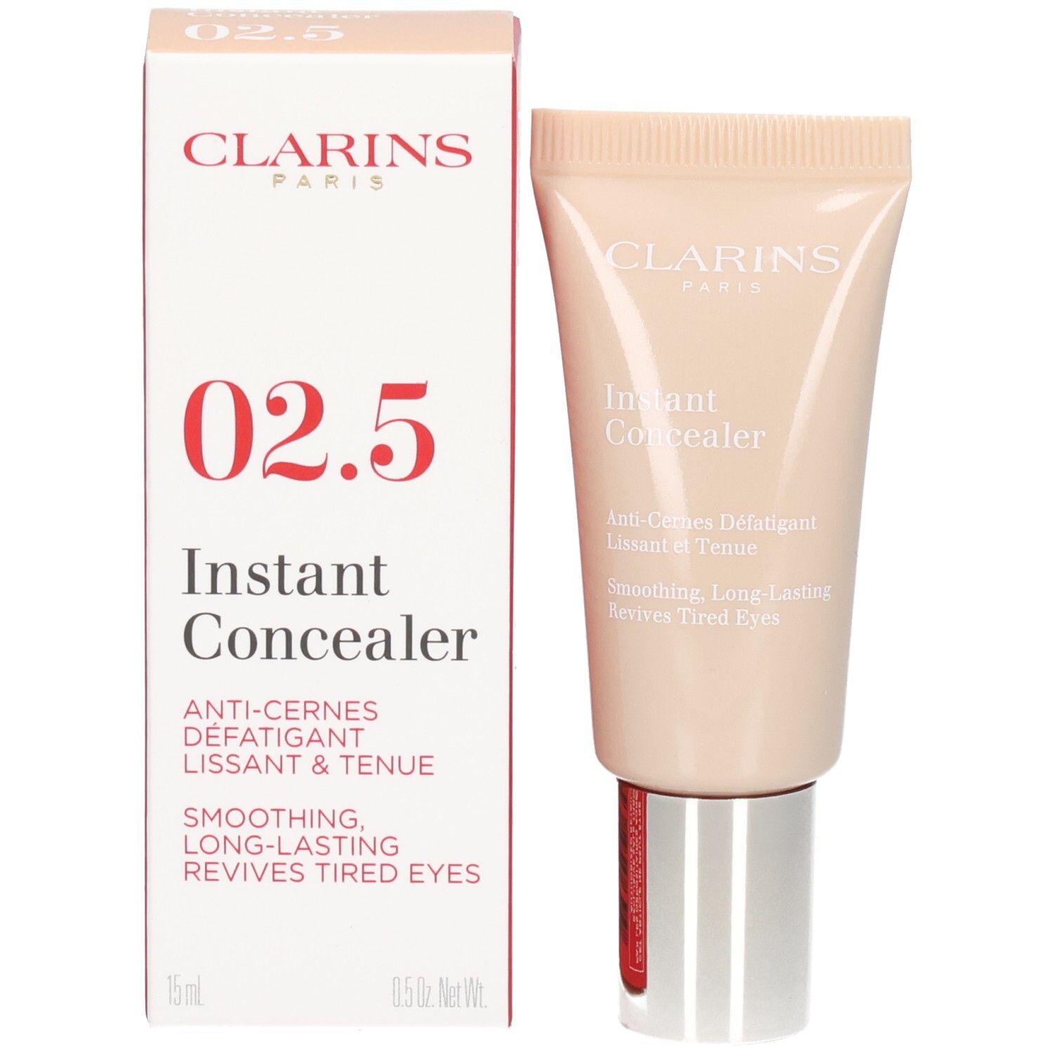 Tube et emballage Clarins Instant Concealer 02.5 avec la mention 02.5.
