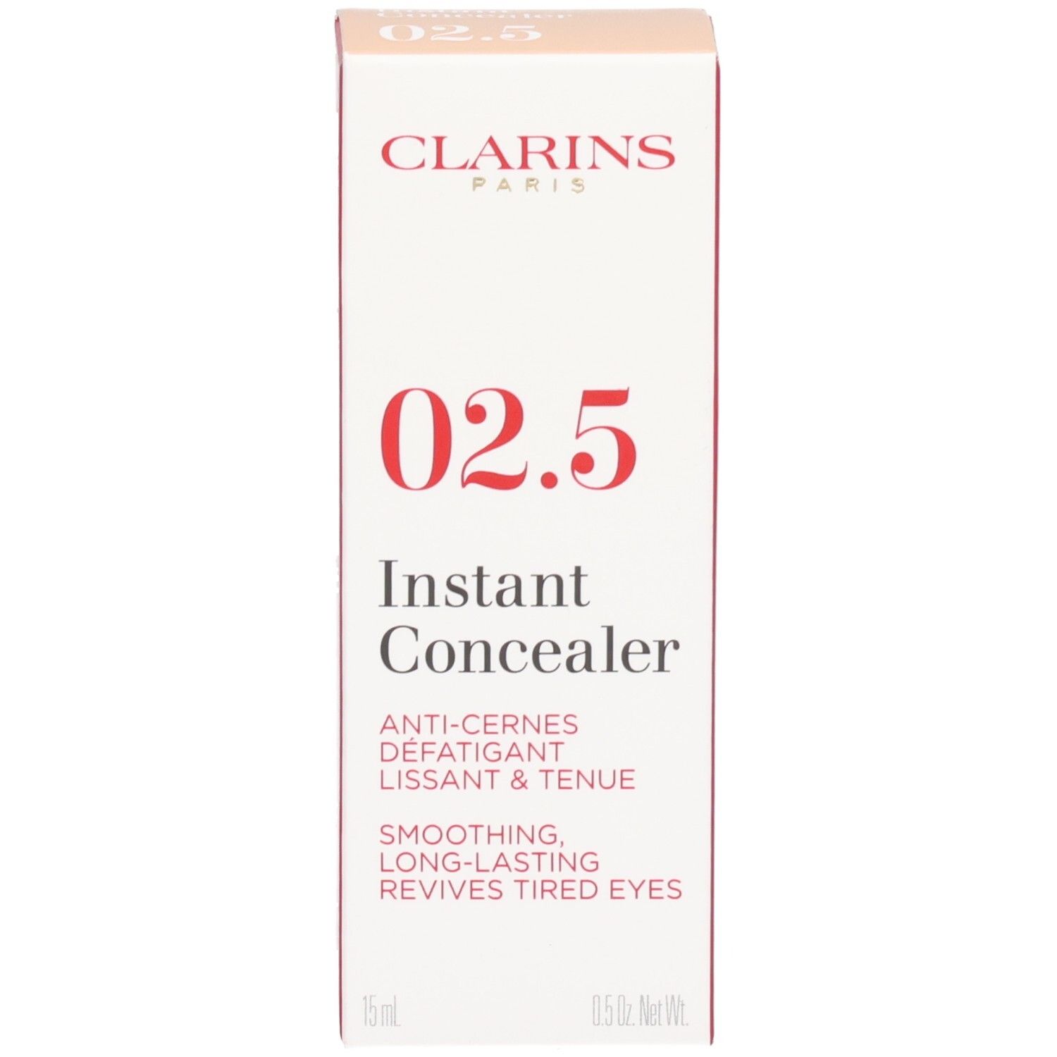 Emballage Clarins Instant Concealer 02.5 avec nom du produit et numéro de couleur 02.5.