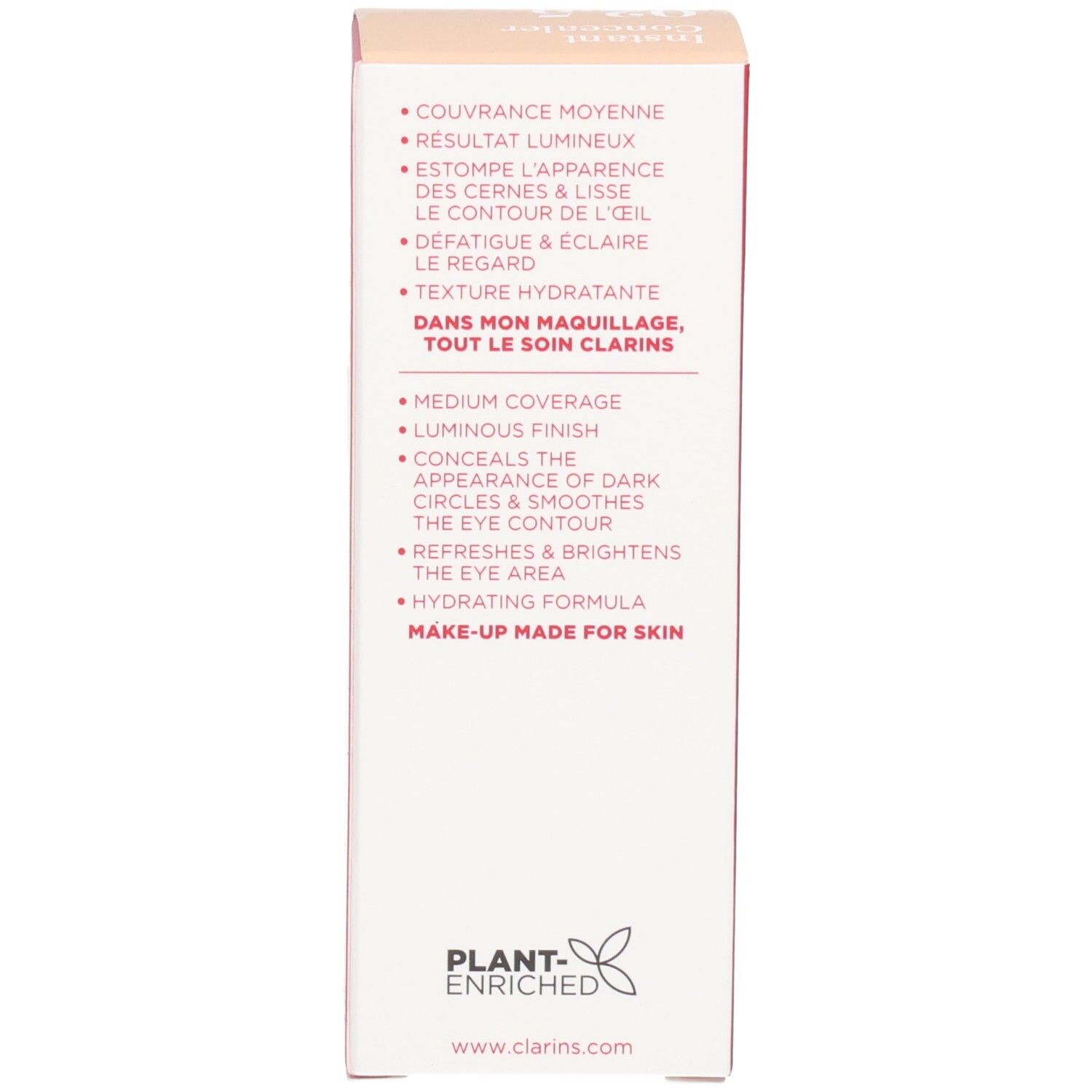 Arrière de l'emballage Clarins Instant Concealer 02.5 avec bénéfices produit et logo.