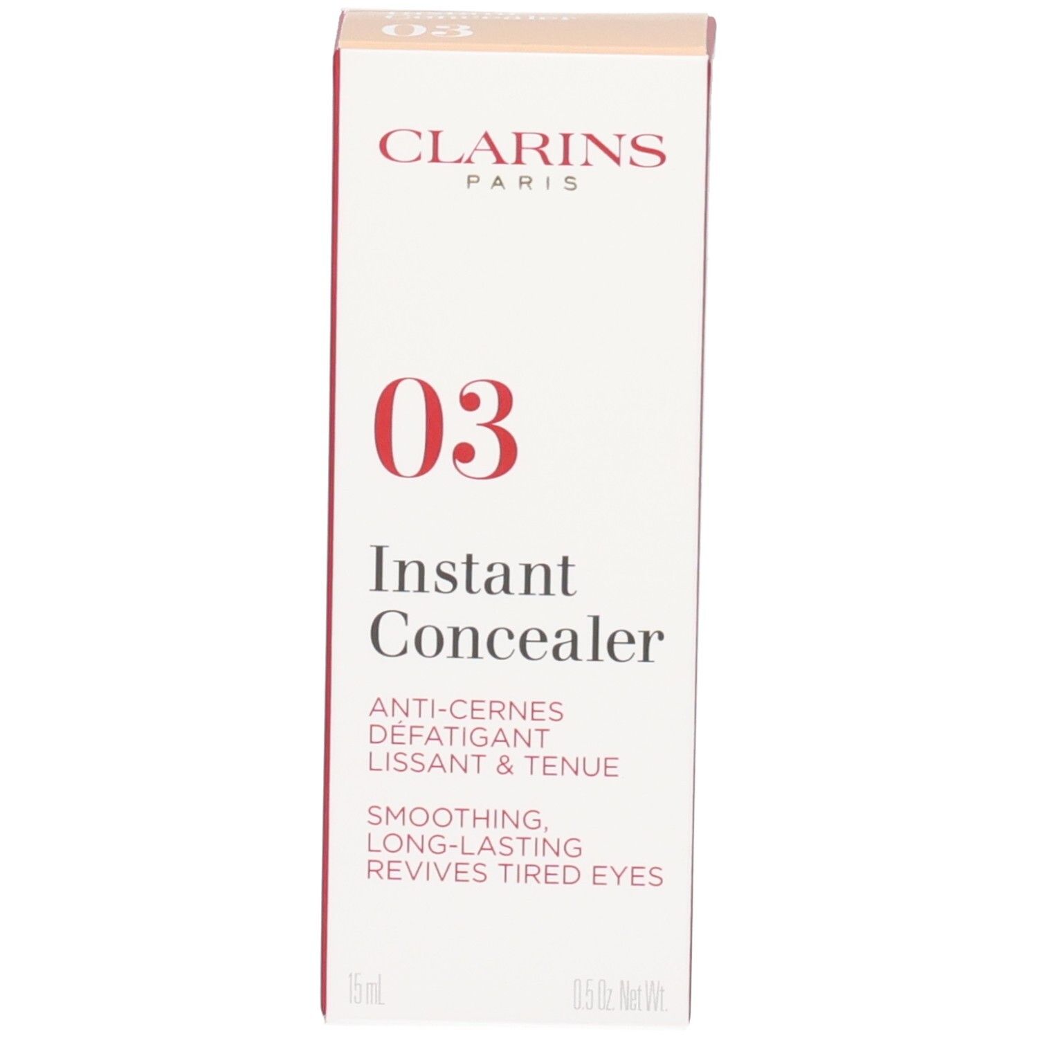Boîte Clarins Instant Concealer 03 avec design rouge et blanc. Affiche le numéro 03 et le nom du produit.