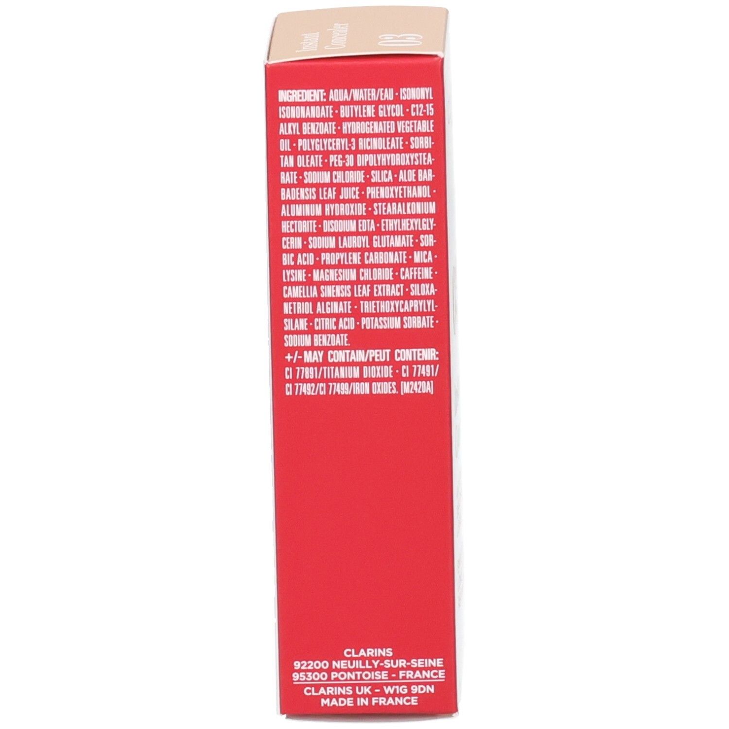 Côté de la boîte Clarins Instant Concealer 03 avec ingrédients et informations fabricant.